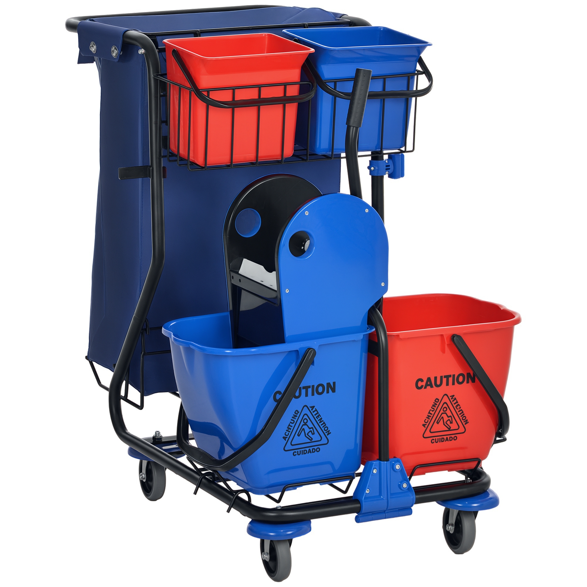 Chariot de ménage avec sac poubelle, 4 seaux et essoreur, 93 x 80 x 97 cm, bleu