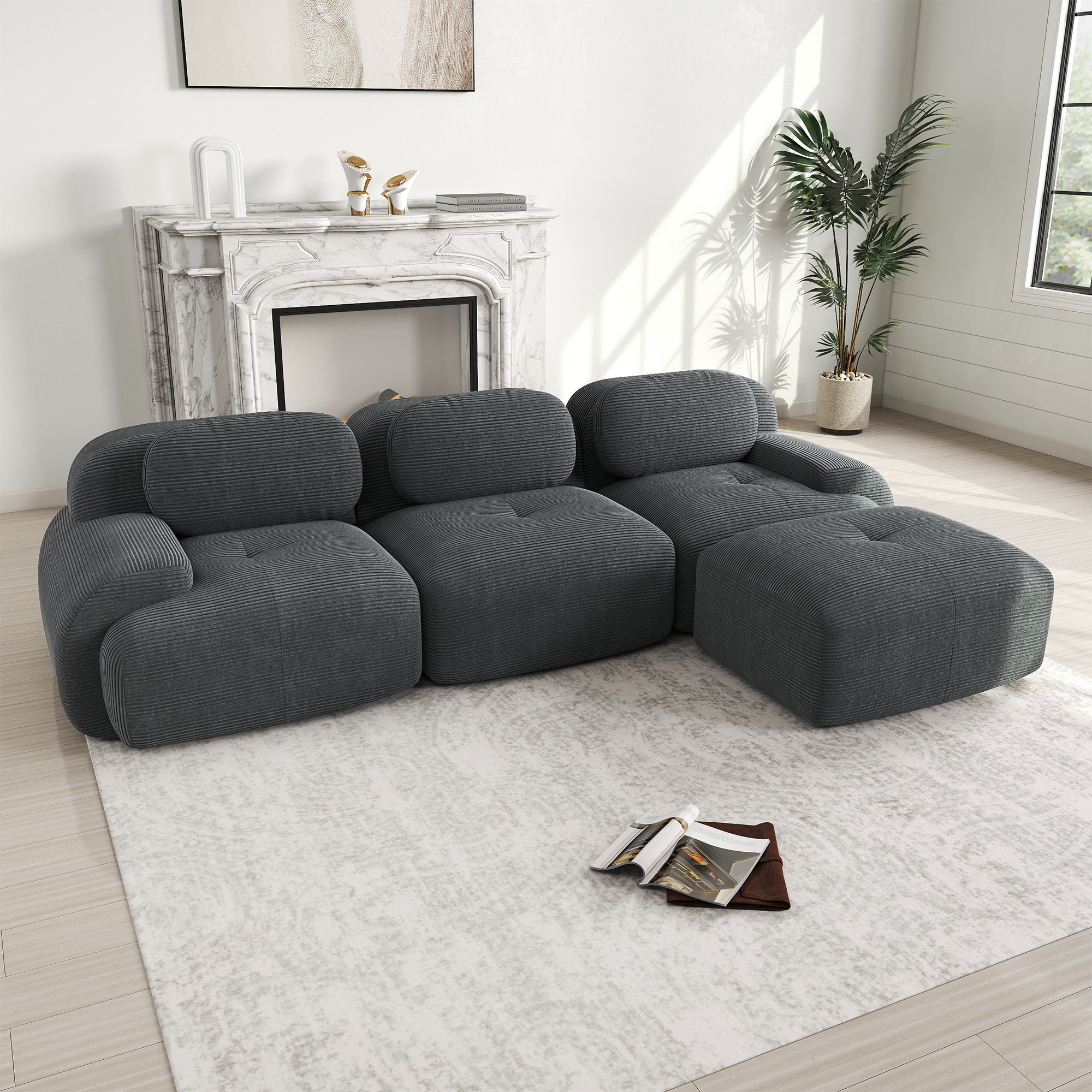 Neche – Canapé D'Angle Modulable 3 Places 298cm – Velours Côtelé Gris – Accoudoirs Galbés – Confort Élastique – Base Antidérapante