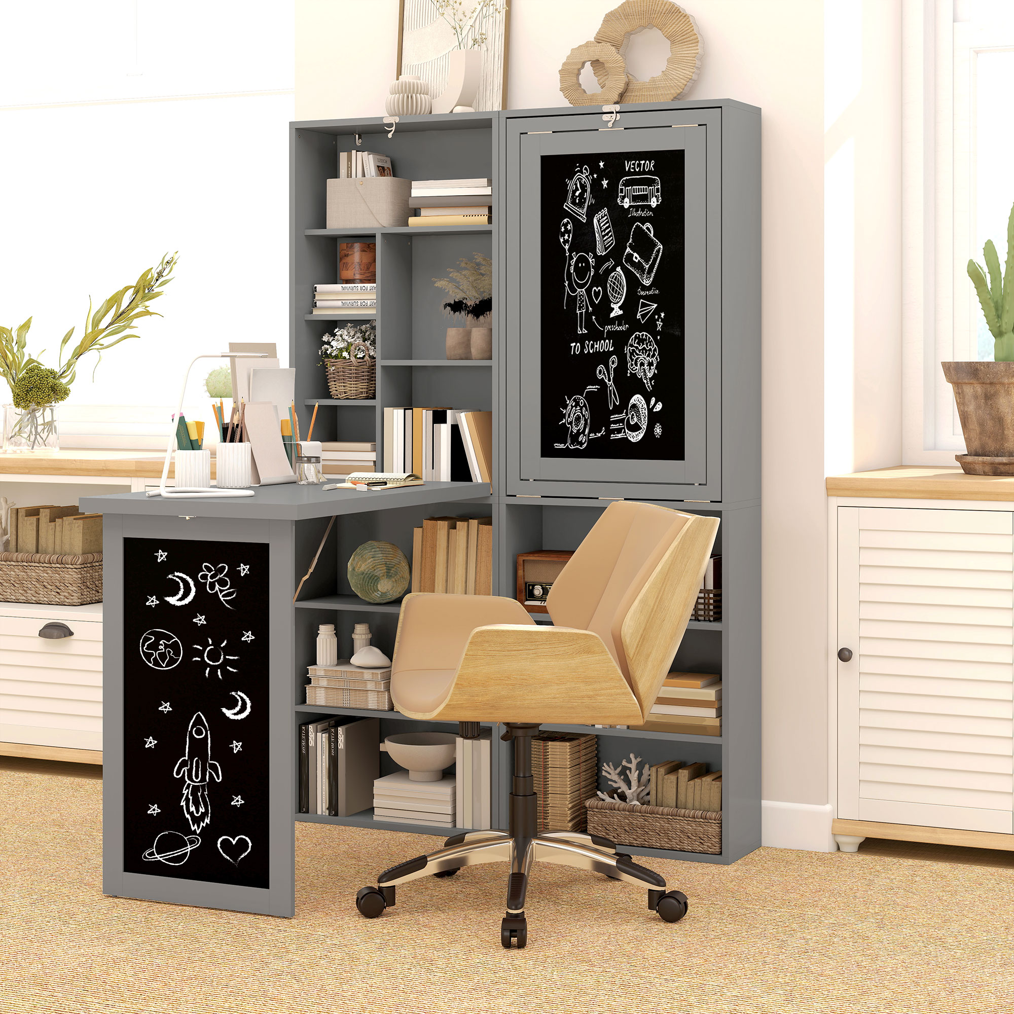 Bureau Pc Pliable Avec Bibliothèque À 9 Étagères En Bois Et Métal