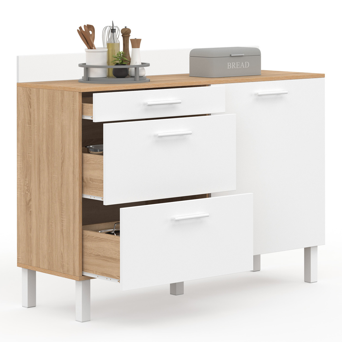 Buffet Bas De Cuisine 120 Cm Casserolier Cina Plan De Travail H.83 Cm 1 Porte + 3 Tiroirs Façon Hêtre Et Blanc