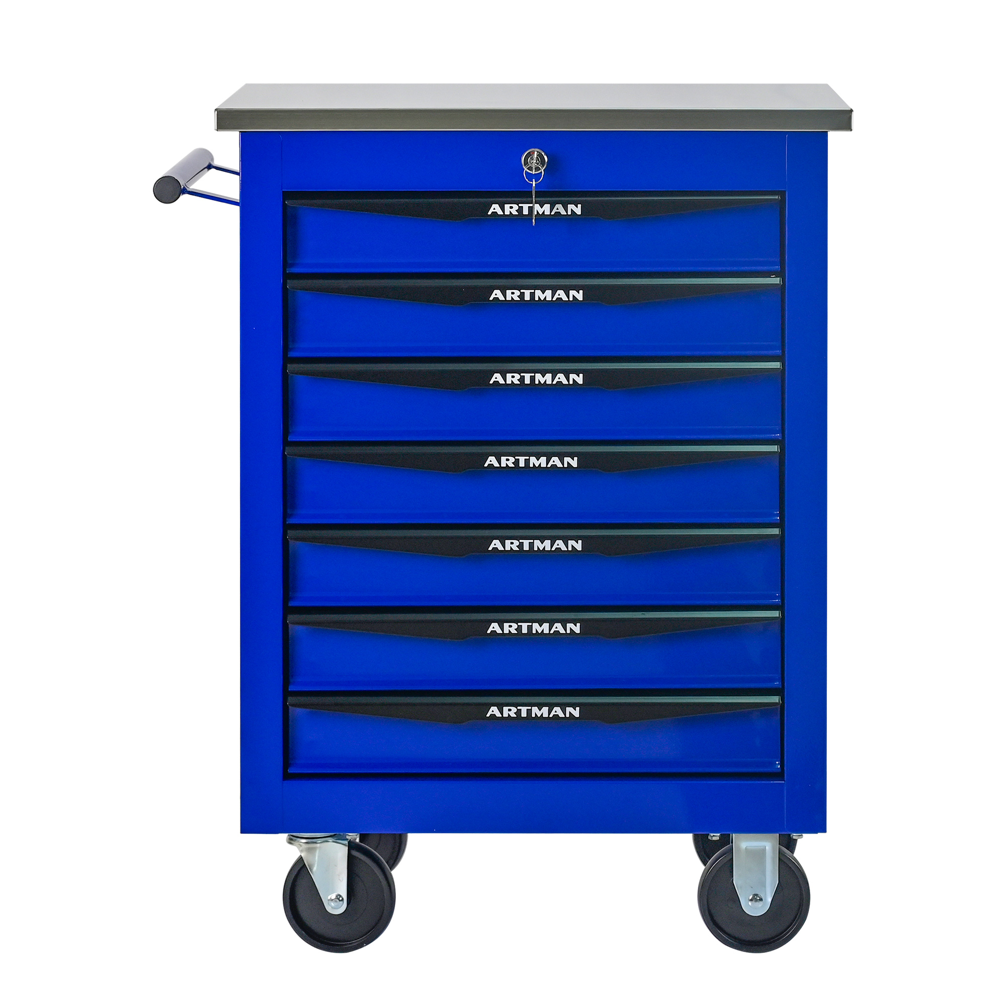 Servante d'atelier 7 tiroirs sur roulettes, dessus inox, verrouillable, noir et bleu