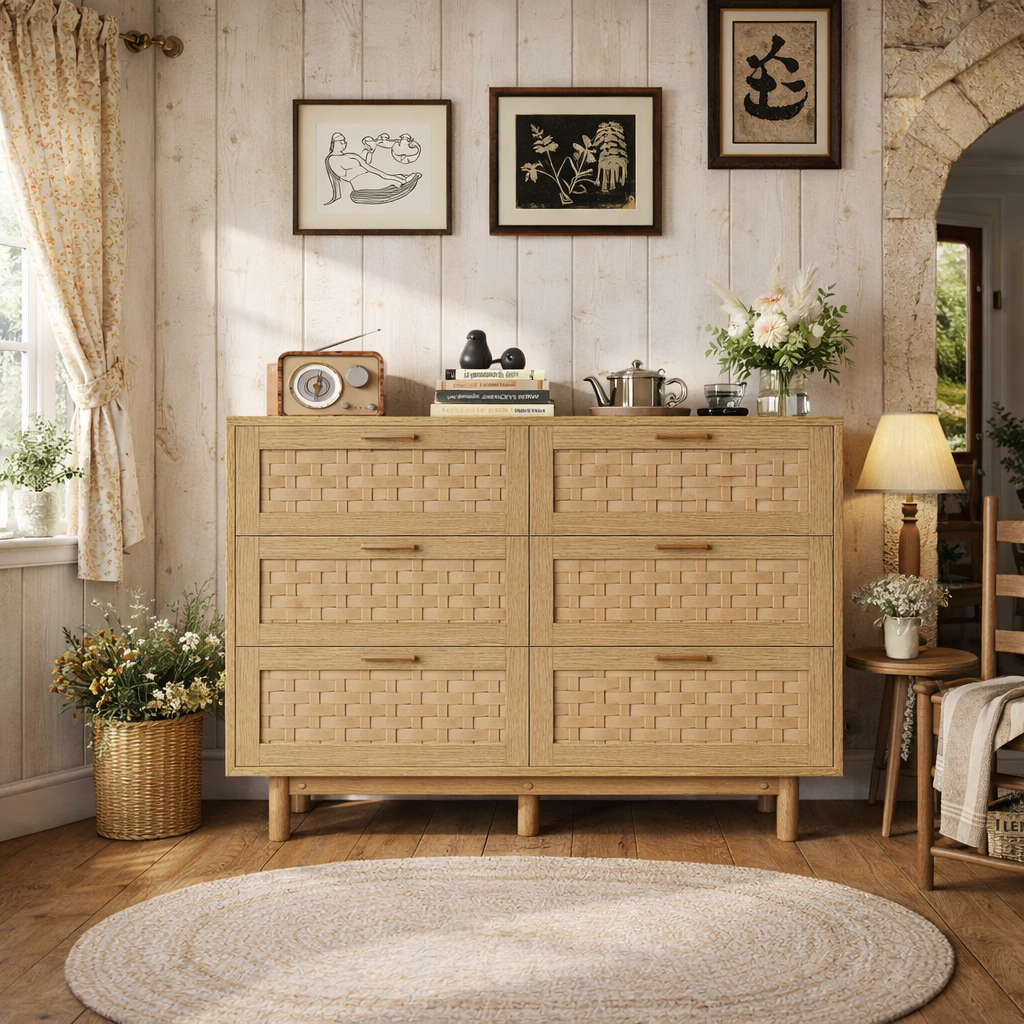 Commode 6 Tiroirs Chambre, Meuble De Rangement Style Bohème Avec Conception Anti-basculement Et Cadre En Bois, Commode En Rotin Buffet Pour Salon, Entrée, 115x40x80 Cm,chêne