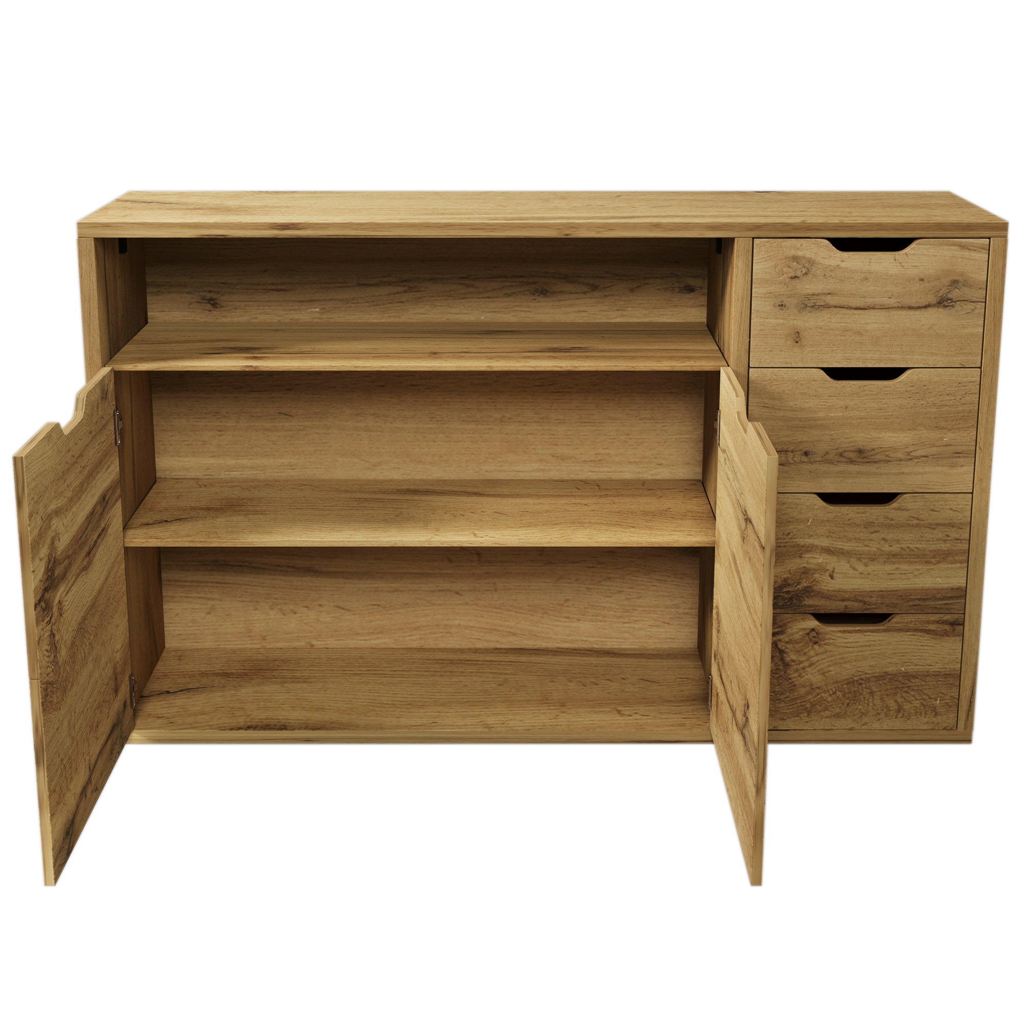 Stilvora Sideboard Mit 2 Türen, 4 Schubladen Und Offenem Fach, Höhenverstellbaren Einlegeböden, Mdf, Eiche, 150×40×90 Cm