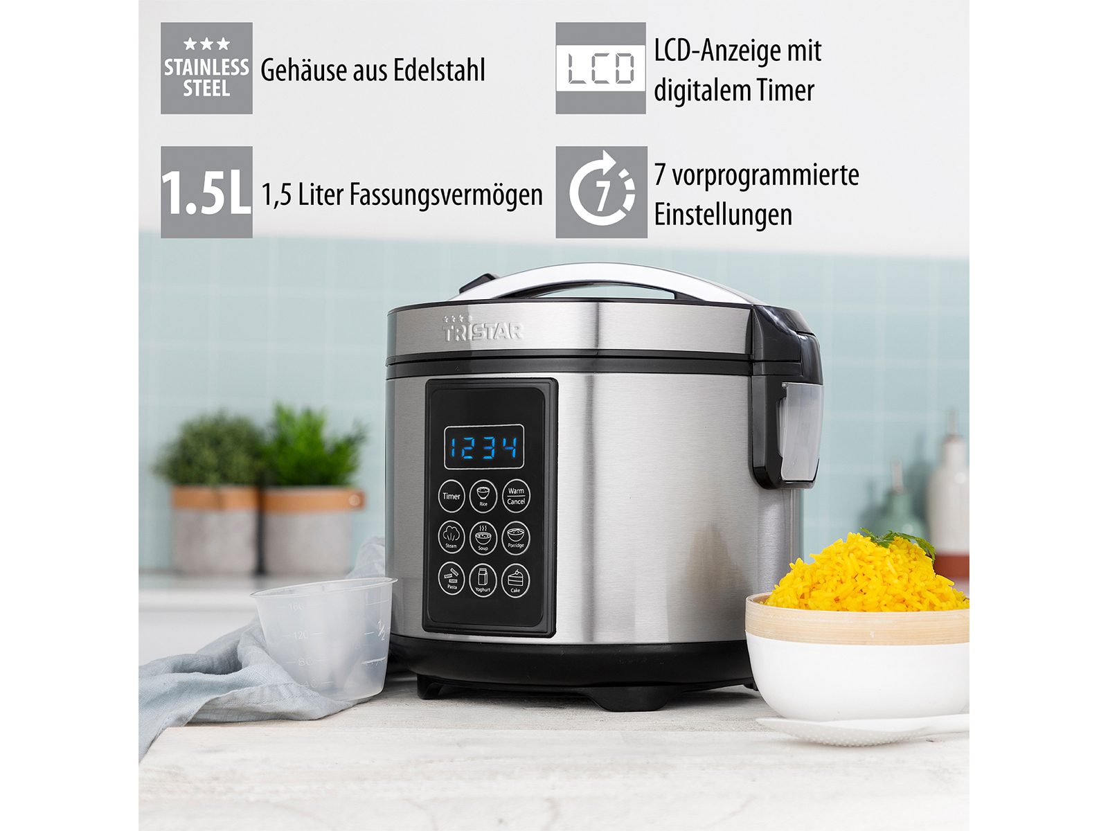 Tristar Schwarz/Silber/Grau Reiskocher, Dampfgarer + Reiskocher, - Image 4