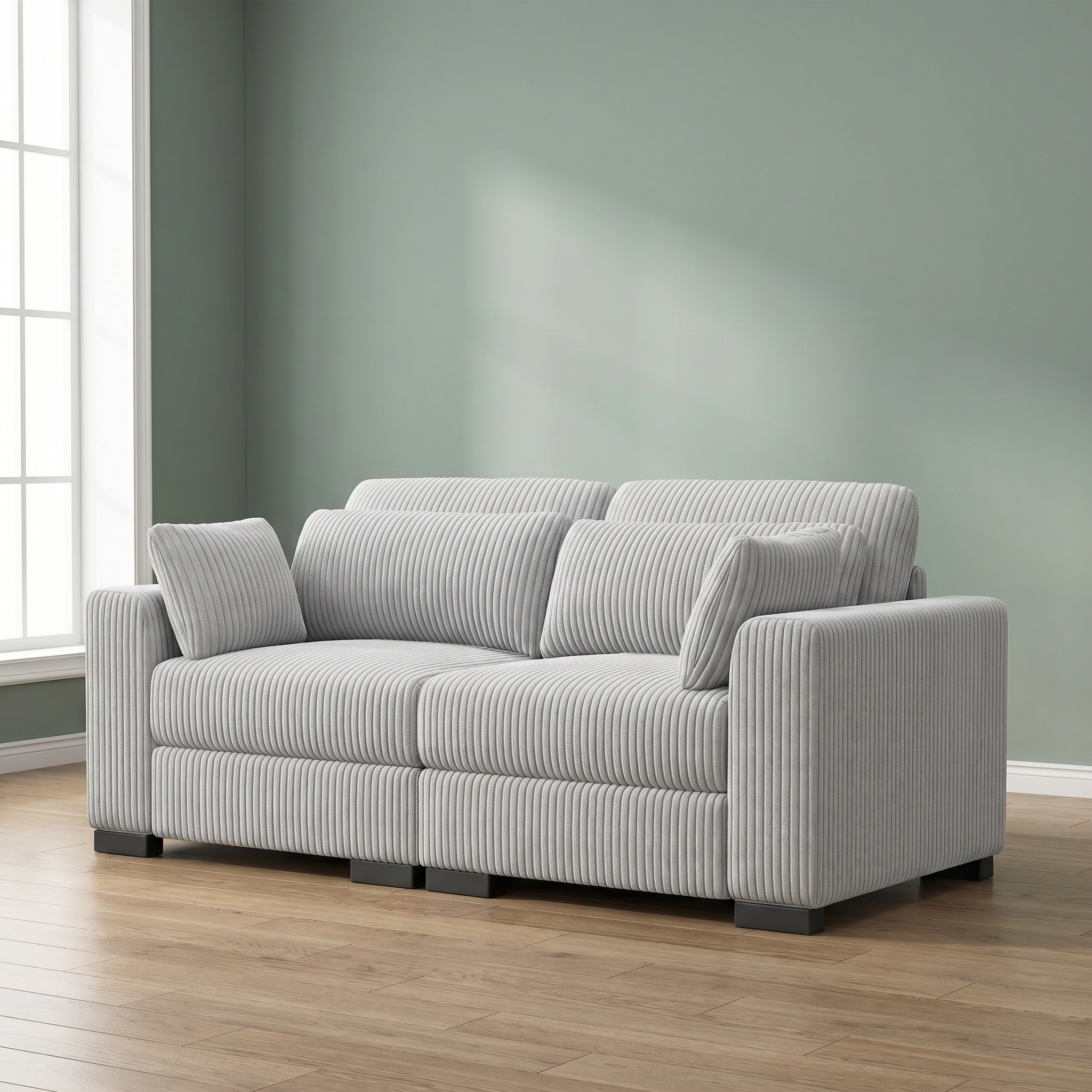 Canapé Droit 2 Places Modulable En Velours Côtelé Gris – Canapé Salon Moderne Avec 4 Coussins Inclus – 188 X 88 X 85 Cm
