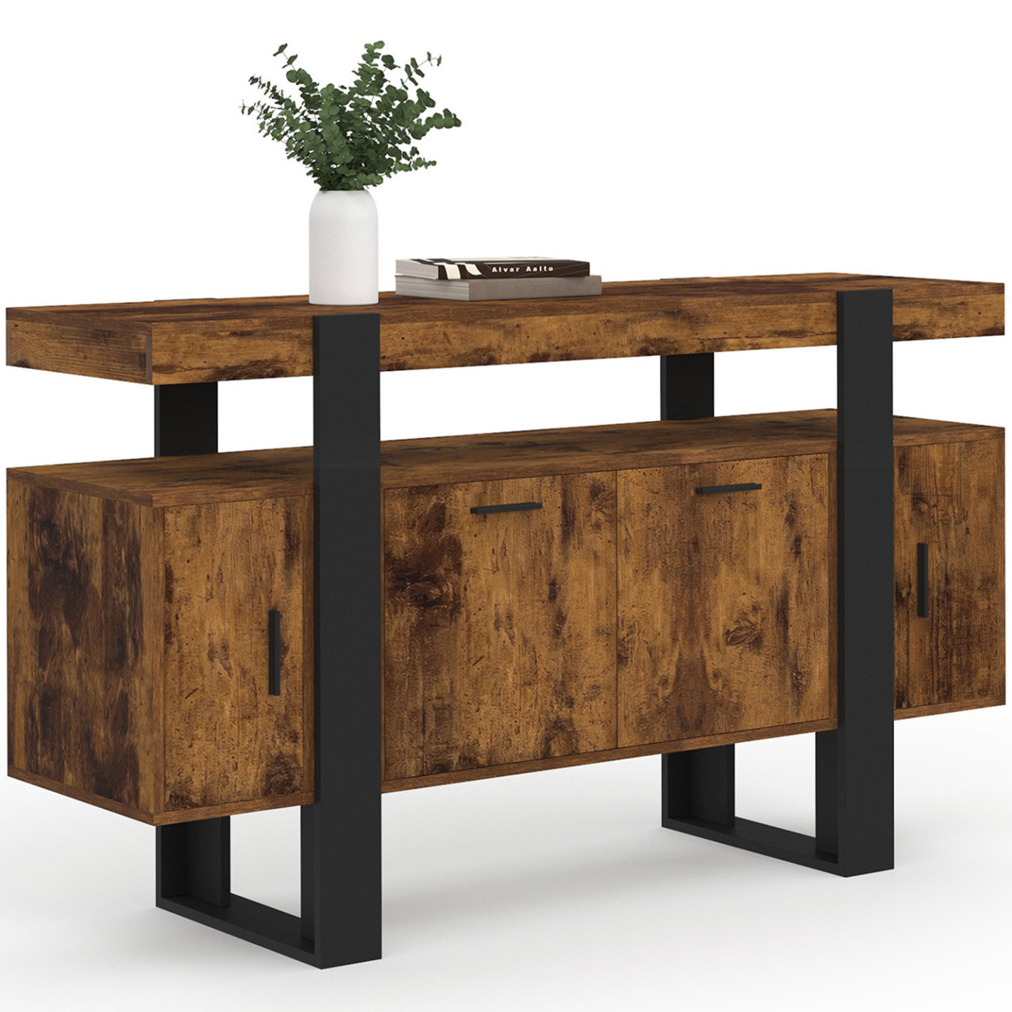 Idmarket - Buffet 140 Cm Phoenix 4 Portes Bois Effet Vieilli Et Noir