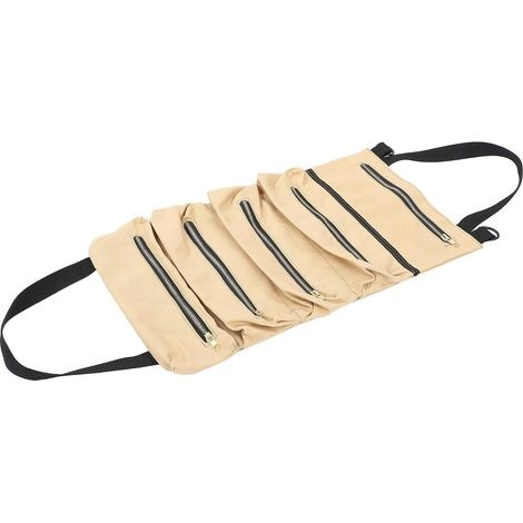 Sac à outils enroulable en toile cirée étanche, 5 poches zippées, ceinture de fixation, kaki, 295 g