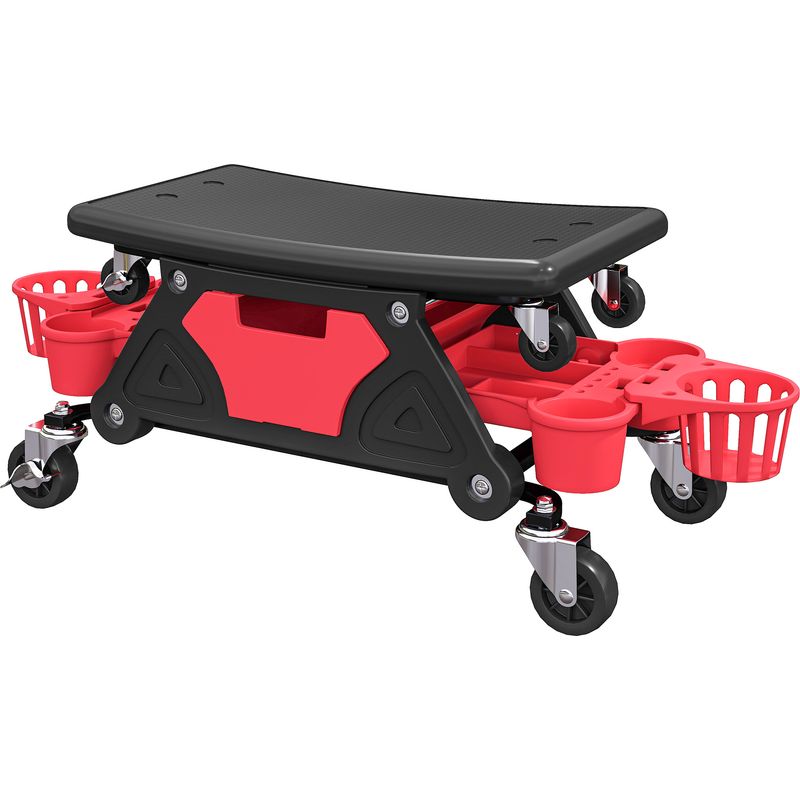 Tabouret d'atelier mobile à roulettes pivotantes 360°, assise concave avec deux plateaux et tiroir, 135 kg, rouge