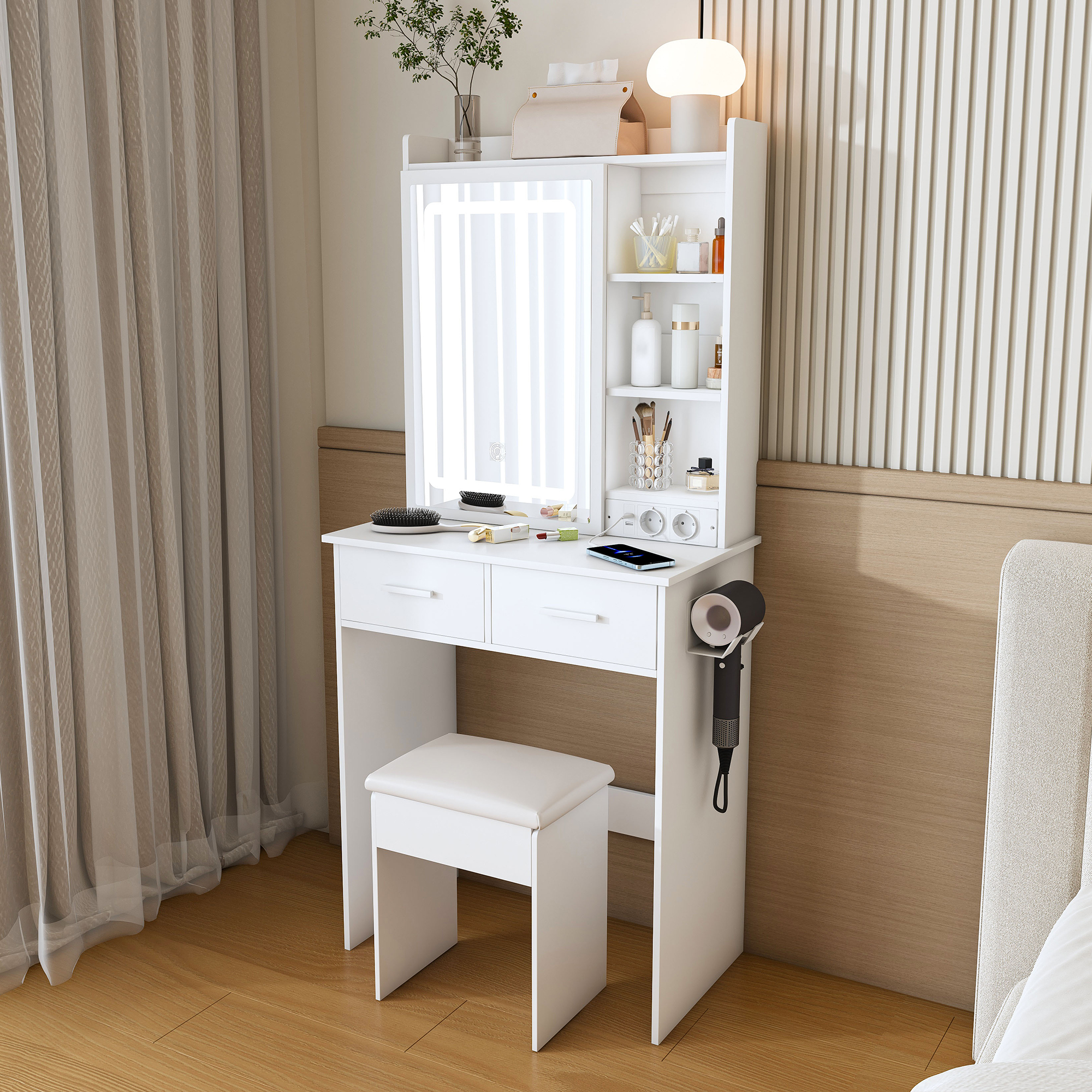 Coiffeuse Moderne Avec Miroir Table De Maquillage 3 Etagères Caché