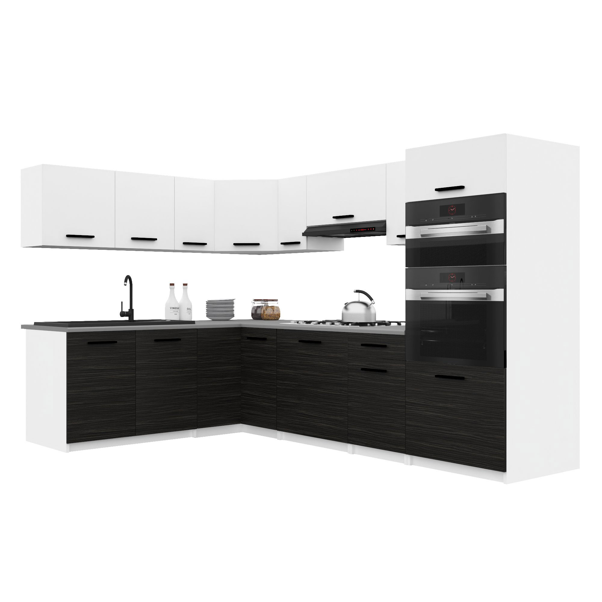 Belini Italia 8 Cuisine Equipée Modulaire Complète - 420 Cm. Meubles Hauts Bas Avec Plan De Travail, Blanc Mat/ébène