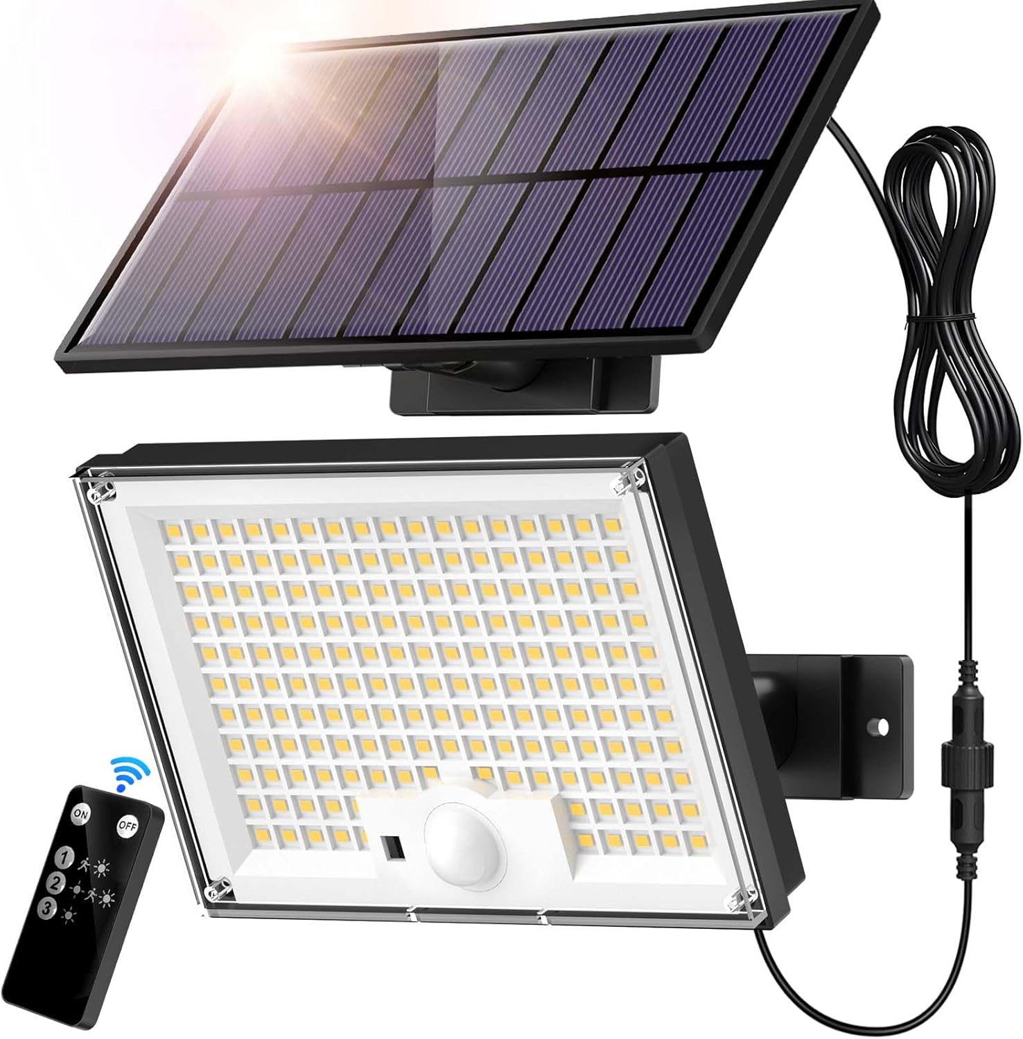 Lampe Solaire Extérieur 172 Led 3 Modes Lumière Solaire Extérieure Détecteur De Mouvement, Lampe Solaire Ip65 Eclairage Exterieur Solaire, Led Spot Solaire Avec Câble De 5m Pour Jardin, Garage