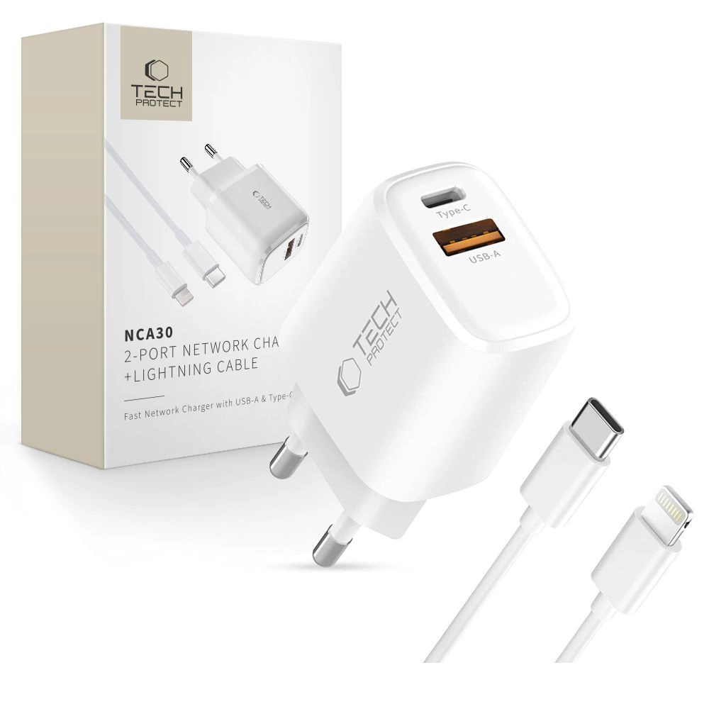Tech-Protect NCA30 PD 30W QC3.0 USB-A / USB-C Wandladegerät + USB-C / Lightning Kabel 100cm - Weiss (30 W, 2 Ports), USB Ladegerät, Weiss - Bild 2