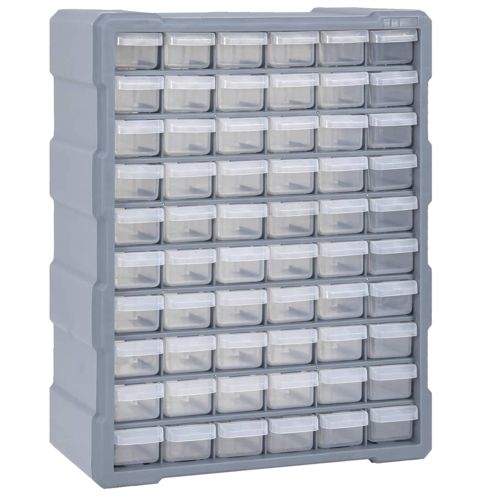 Organisateur 60 tiroirs transparents PP gris 38 x 16 x 47,5 cm, à fixer au mur ou sur établi