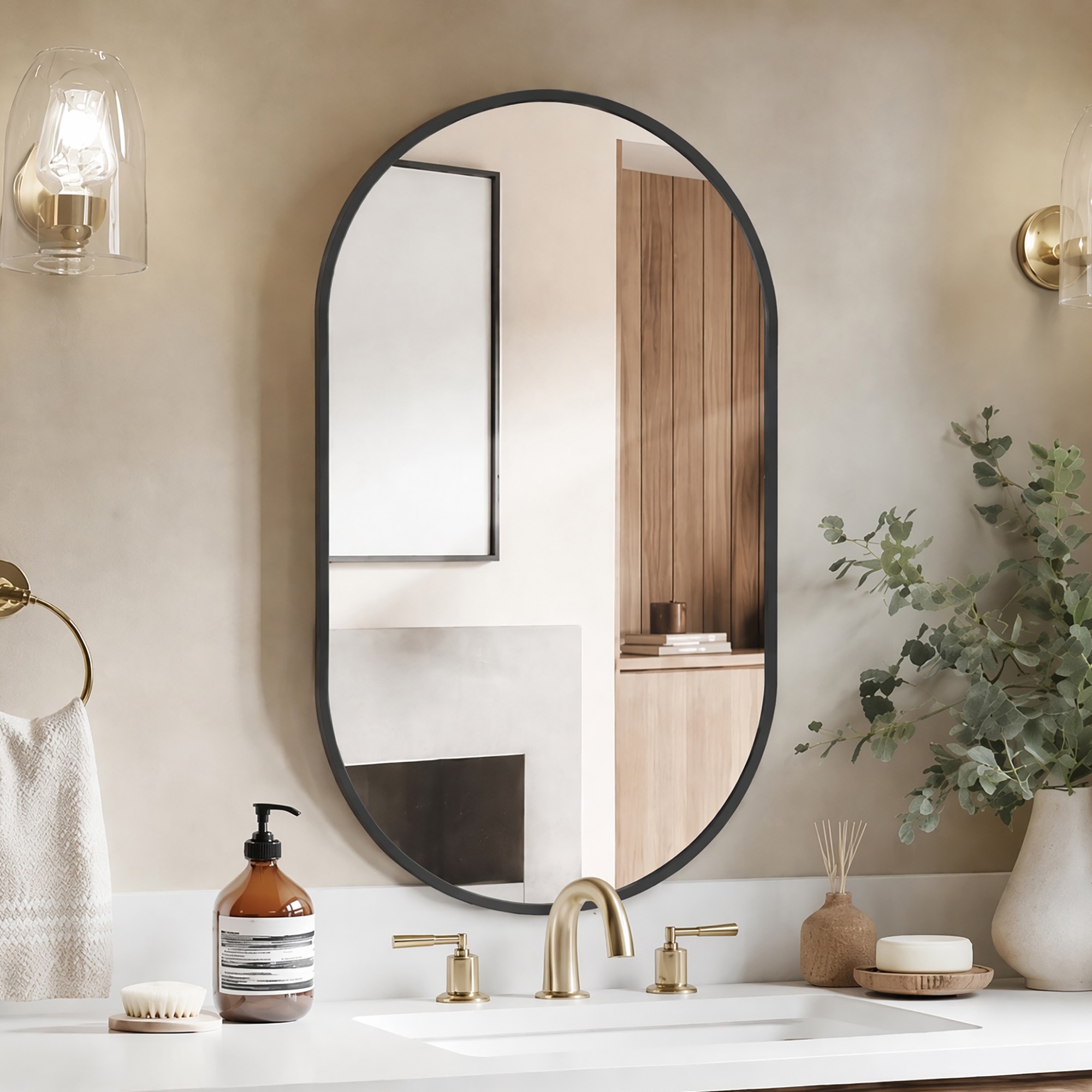 Miroir Ovale Mural 75x50cm Miroir Salle De Bain Moderne Verre Trempé Antidéflagrant Cadre Aluminium Salon Entrée Chambre - Noir