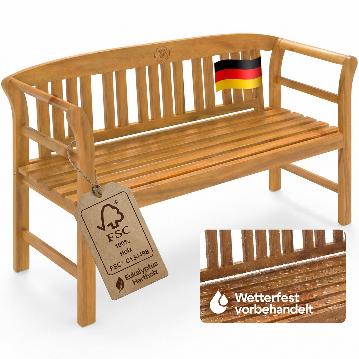 Casaria® Gartenbank Wetterfest Holz Fsc®-zertifiziert 480kg Belastbar 3-sitzer Armlehne Rückenlehne 158x43cm Garten Balkon Holzbank Eukalyptus Braun