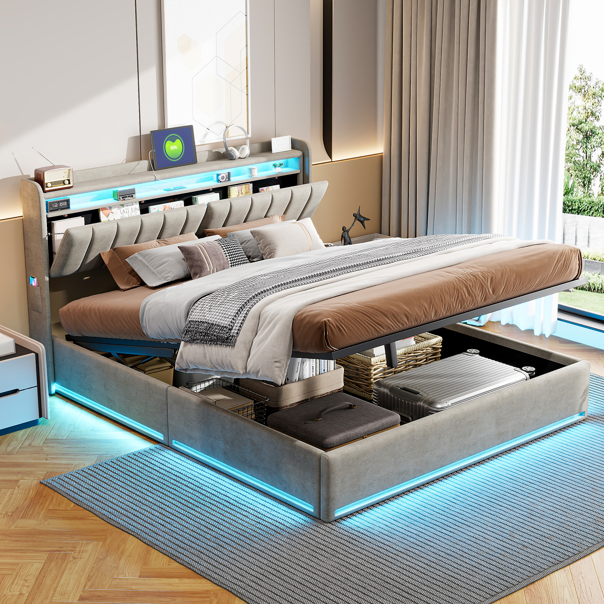 Pergar – Lit Coffre 140x190 Cm En Velours Gris – Tête De Lit Avec