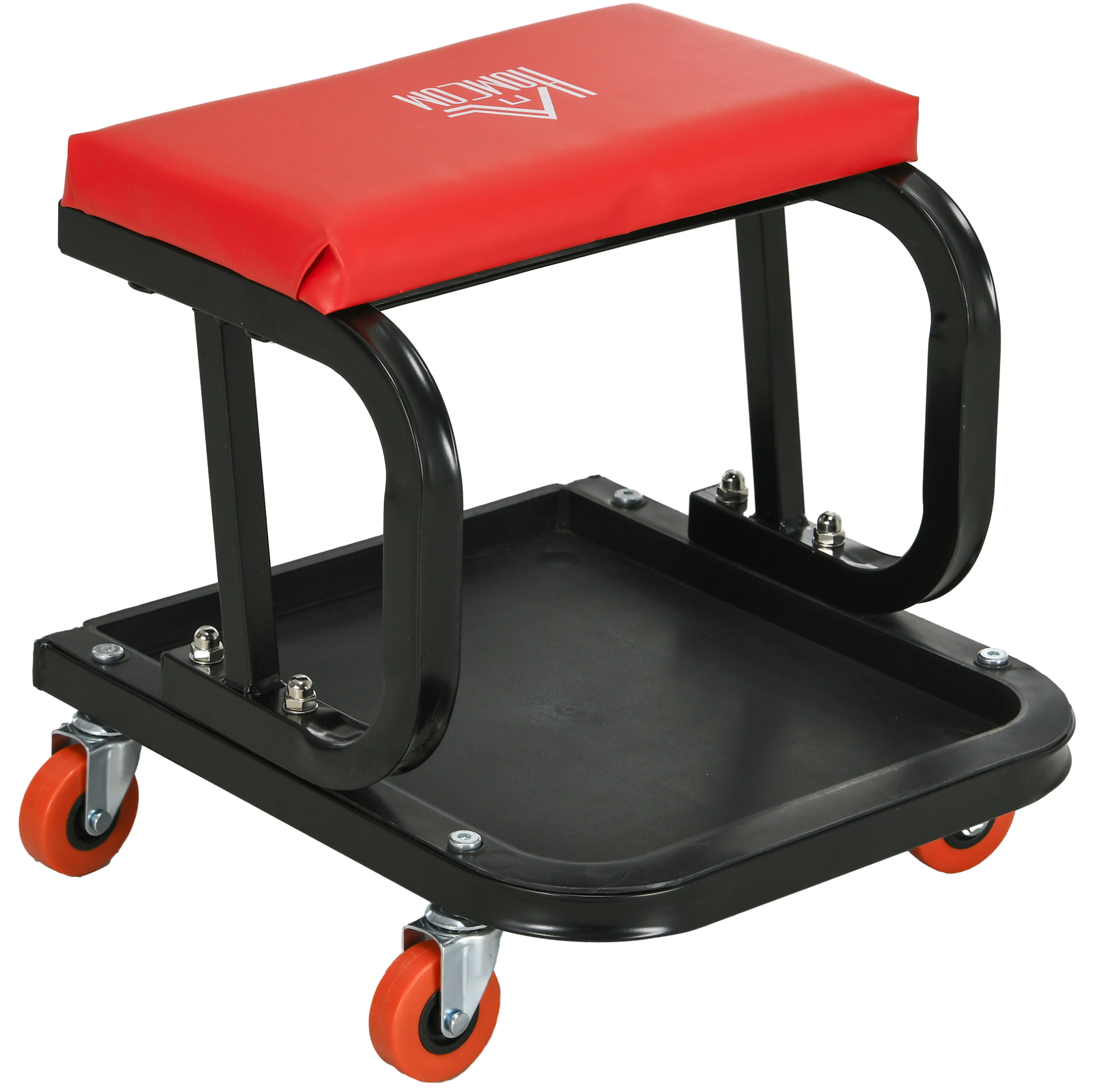Tabouret d'atelier mobile à roulettes, coussin similicuir imperméable, rangement intégré, acier, 100 kg, 38 x 35 x 37 cm