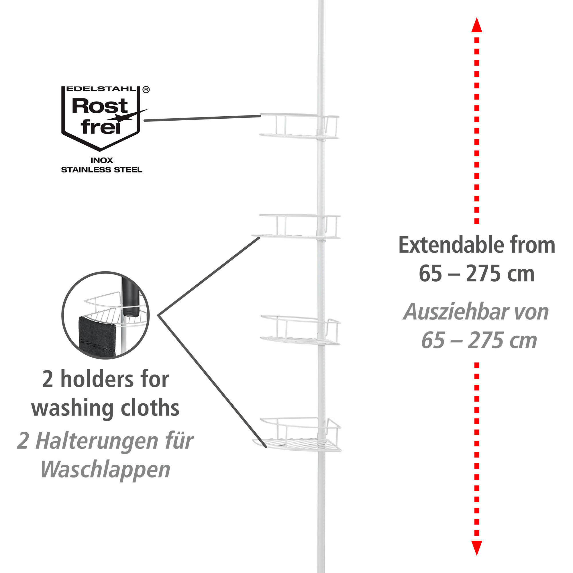 Wenko Teleskop-Eckregal 'Dolcedo' matt weiß 4 Körbe 65-275 cm