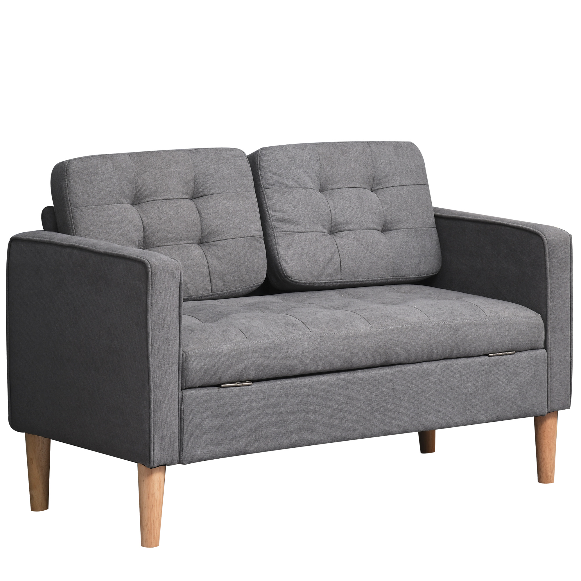 Homcom 2 Sitzer Sofa, Couch Mit Stauraum, Holzbeine, Gepolsterter Polstersofa Mit Samtoptik Für Wohnzimmer, Schlafzimmer, 117x 62 X 78 Cm, Grau