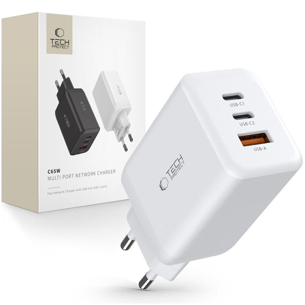 Tech-Protect C65W network charger 2x USB-C PD 65W / USB-A QC 3.0 - white (65 W, 3 Ports), USB Ladegerät, Weiss - Bild 3