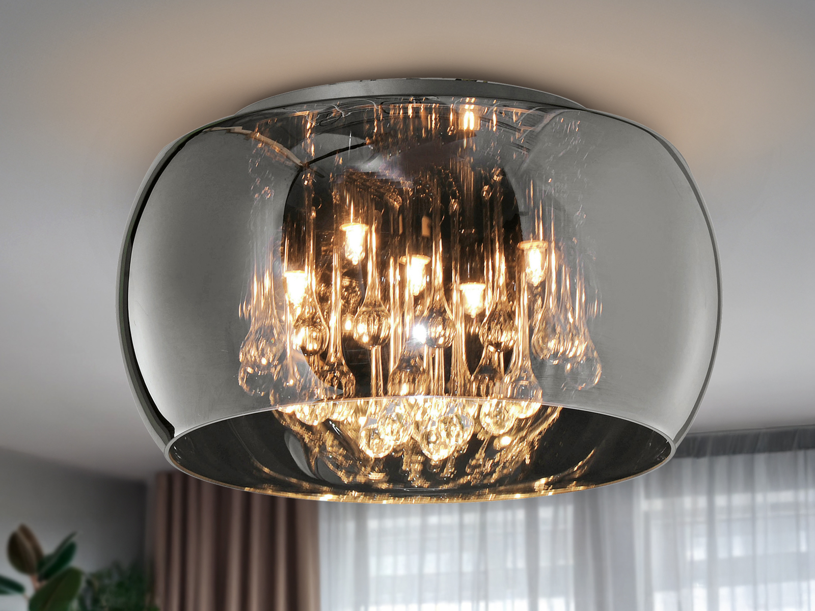 Trio - Kristall Deckenleuchte Vapore Glas Chrom Verspiegelt & Rauchglas Optik Ø 40cm