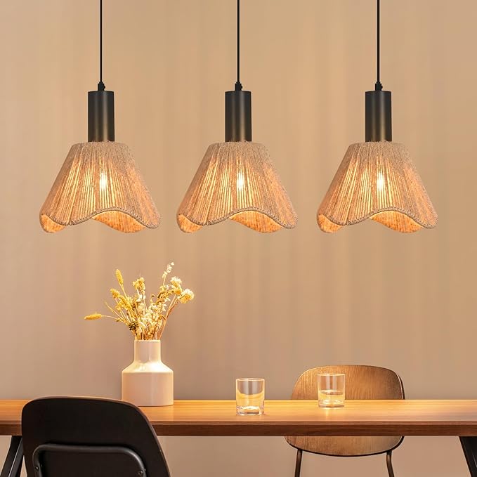 Gbly Lampe Suspension Boho Rotin 3 Flammes Vintage Tressée Corde De Lin