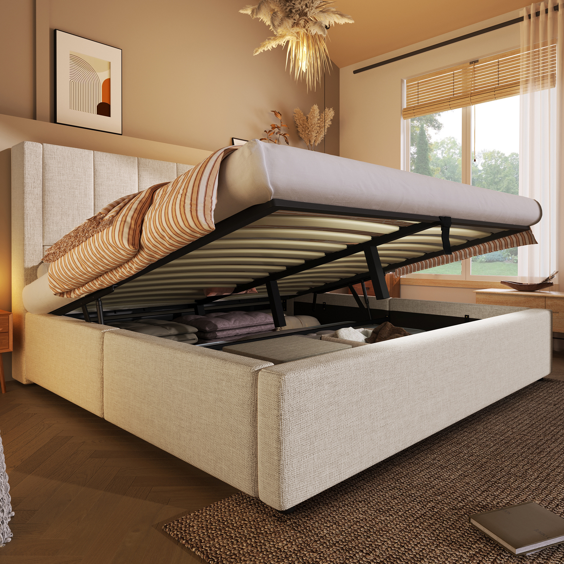 Mivray Bett Gepolstert Aus Leinen Beige 140x190 Cm Mit Kopfteil, Usb-c-ladestation, Versteckten Becherhaltern Und Stauraum