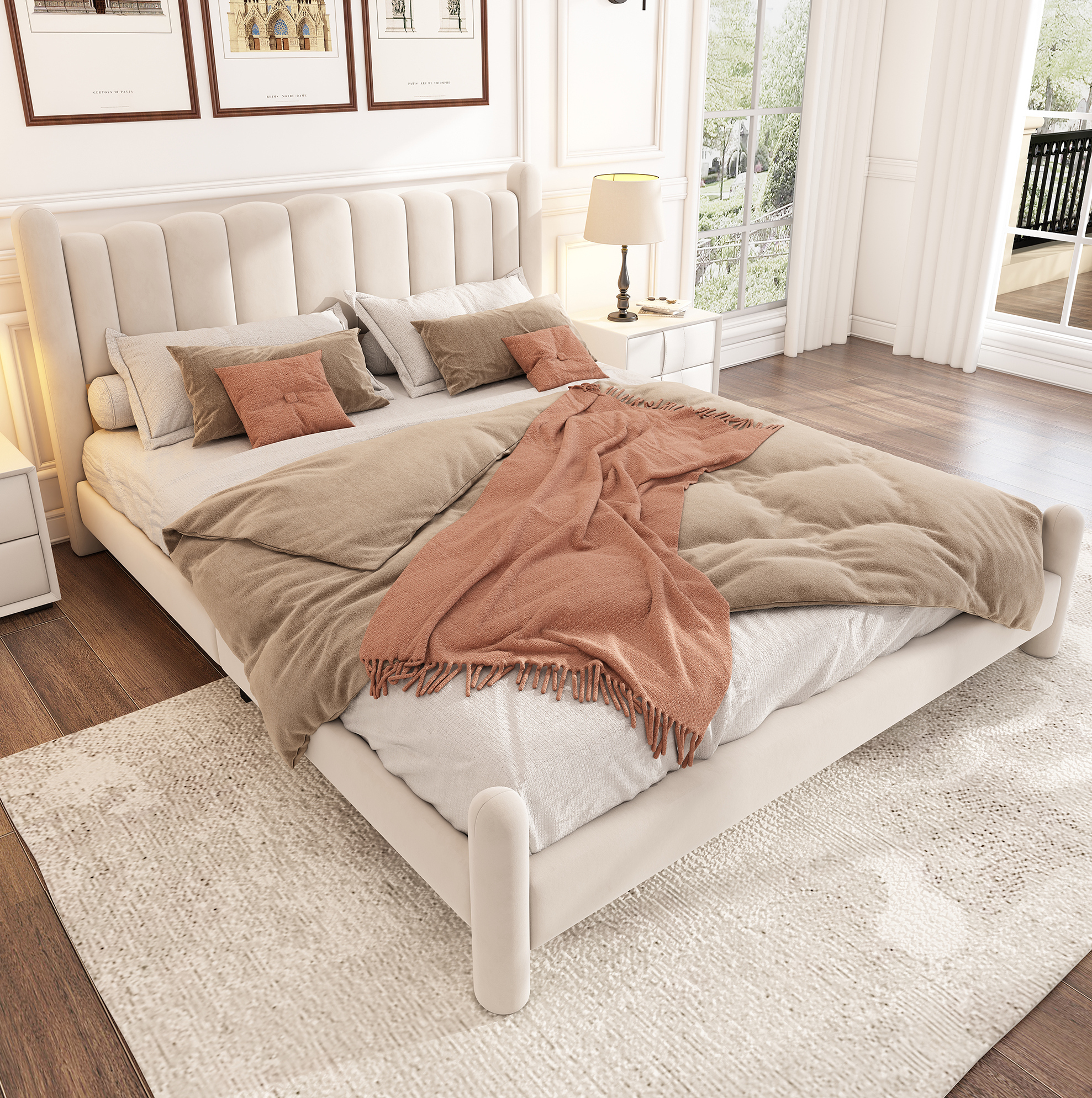Mivray Polsterbett Samt Beige 180x200 Cm, Mit Lattenrost Und Wellenförmigem Kopfteil