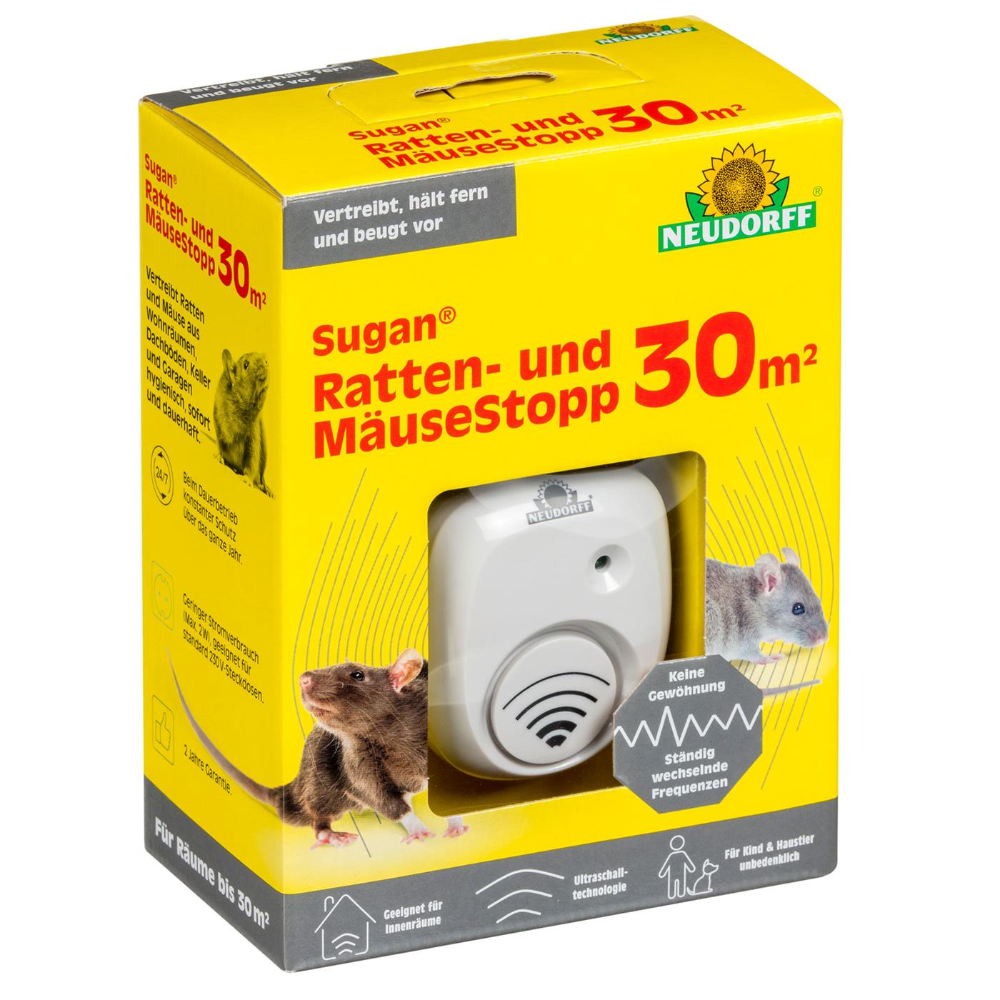 Neudorff Sugan Ratten- und MäuseStopp 30 m² - Ultraschall vertreibt Ratten und Mäuse sofort und dauerhaft aus Haus, Keller und Garage. Anti Gewöhnungseffekt, 1 Stück - Bild 3
