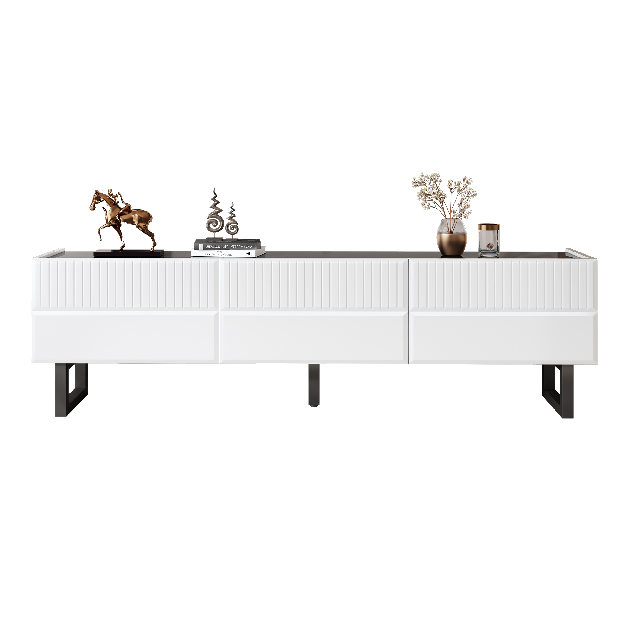 Stilvora Tv-schrank Mit 3 Schubladen Und Eisenbeinen, Hochglanzplatte, Minimalistischer Stil, 170×35×47 Cm, Schwarz Weiß