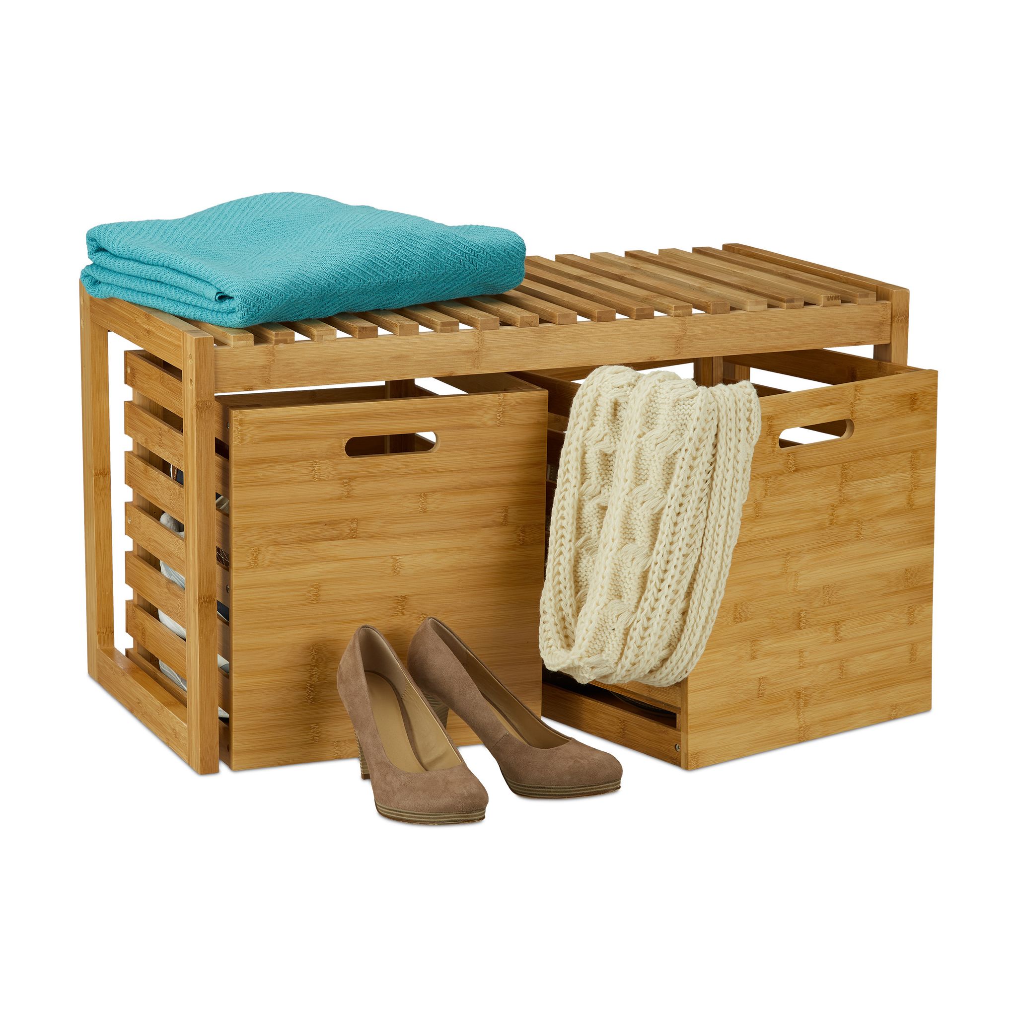 Relaxdays - Bamboo Storage Bench, 2 Storage Boxes, Bathroom And Dressing Room Stand, Shoe Rack, Hwd 44.5x80x40 Cm, Natural