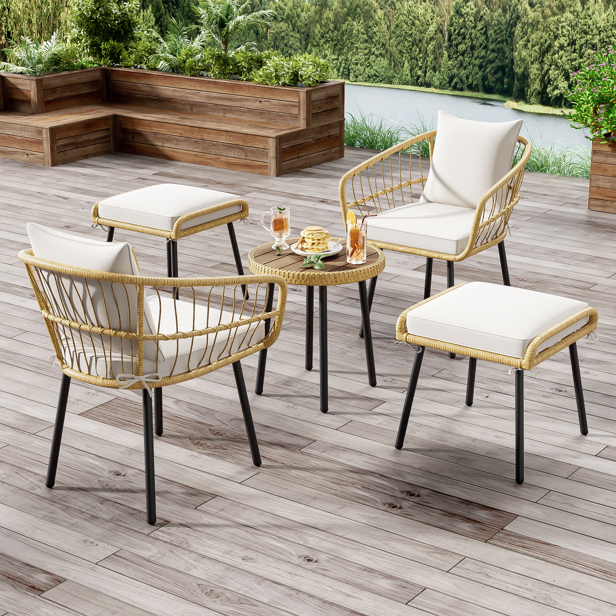 Salon De Jardin 5 Pièces En Rotin Naturel - Ensemble De Repas 1 Table