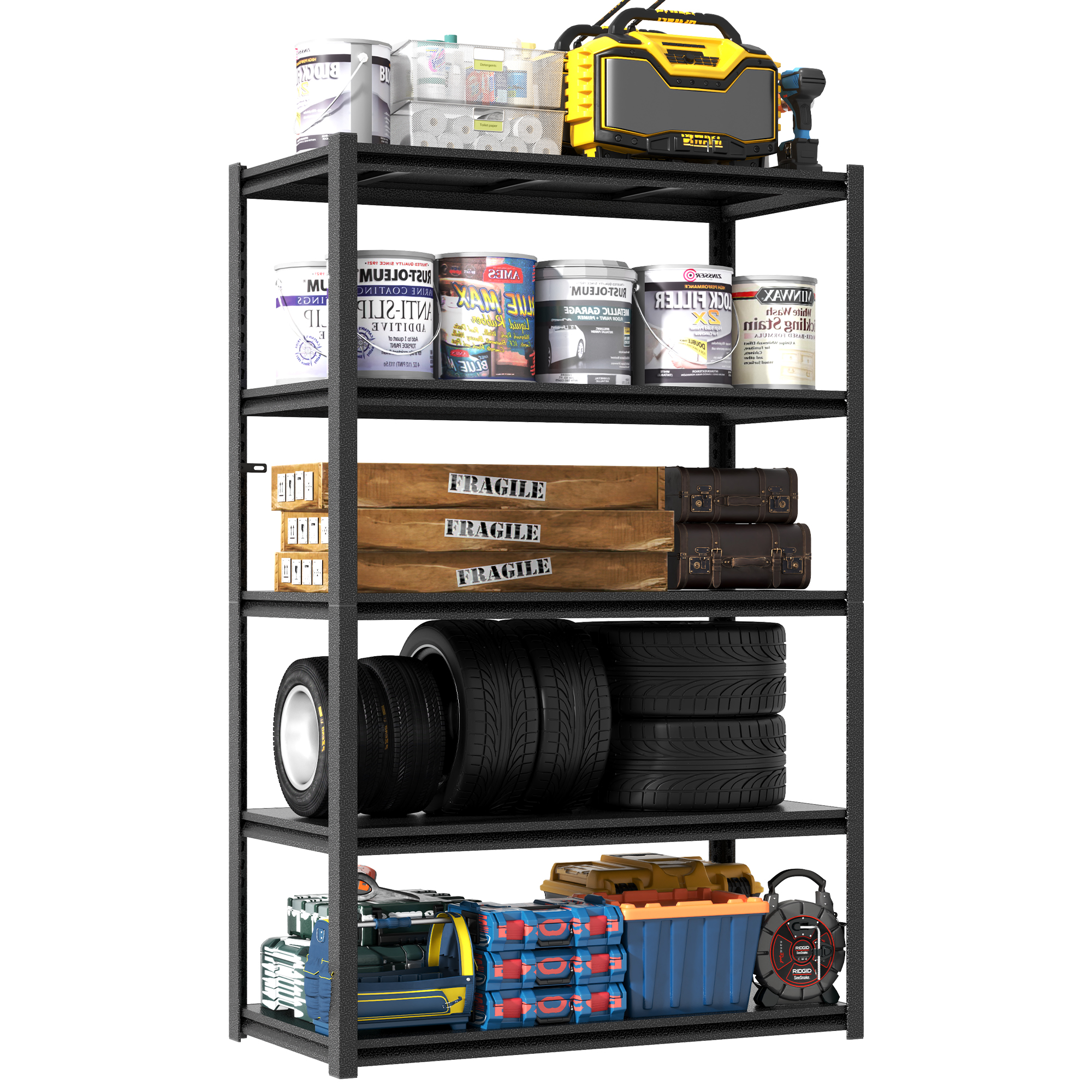 Étagère de rangement métal 5 niveaux, 198 cm, charge 650 kg, noir, réglable, pour garage et atelier