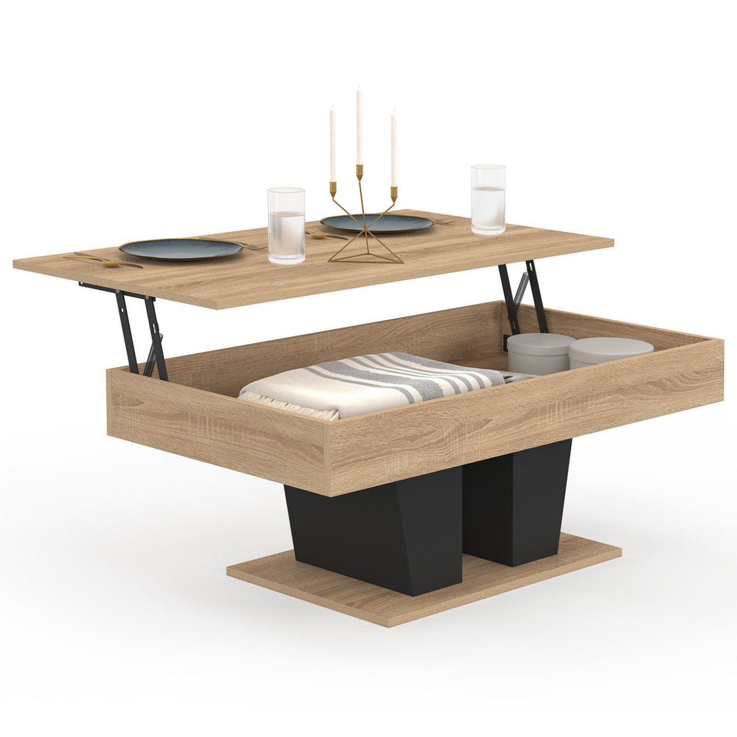 Idmarket – Table Basse Relevable Rectangulaire Bois Et Noir – Dimensions 100x55x40/54cm – Système De Rangement Sous Plateau – Design Contemporain