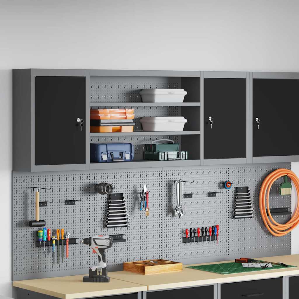 Armoire à outils en acier et bois d'ingénierie, 6 étagères réglables, 2 serrures à came, 150 x 20 x 55 cm