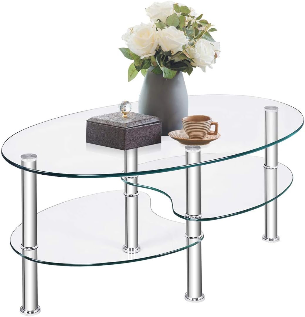 Costway - Table Basse En Verre Trempé Table De Salon Avec 3 Etagères