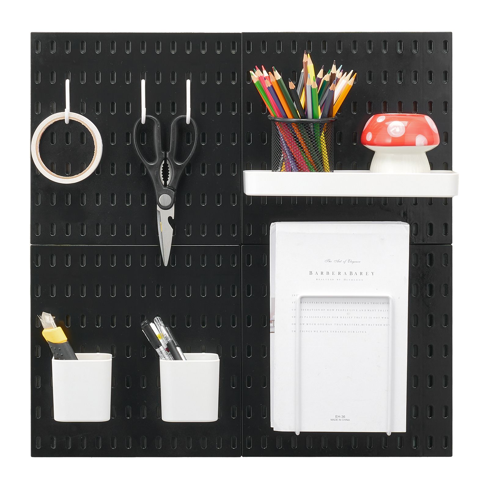 Panneau perforé mural modulaire 11 pouces en ABS/HIPS, noir, 4 panneaux avec accessoires
