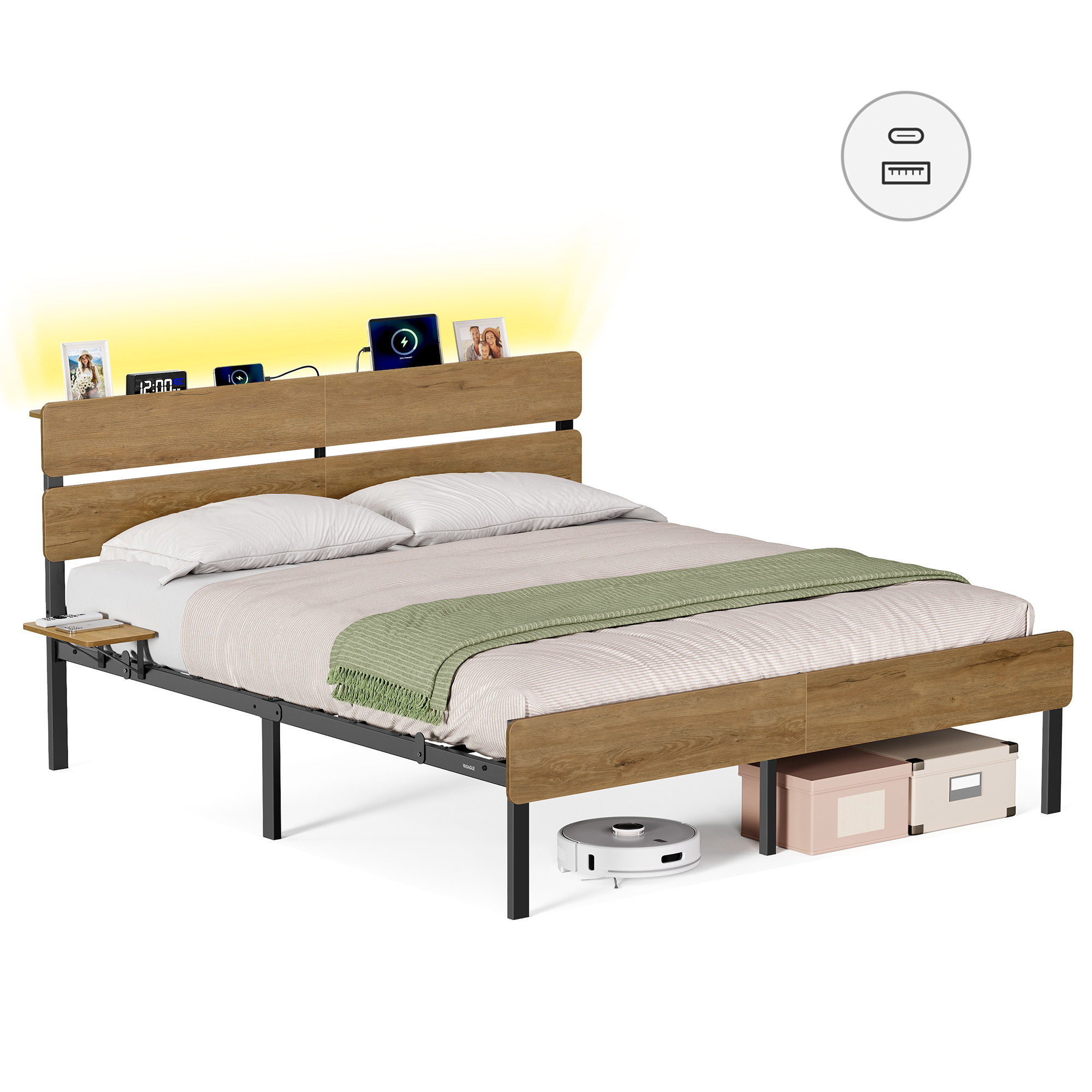 Vasagle – Cadre De Lit 160 X 200 Avec Sommier Métal – Éclairage Led 25