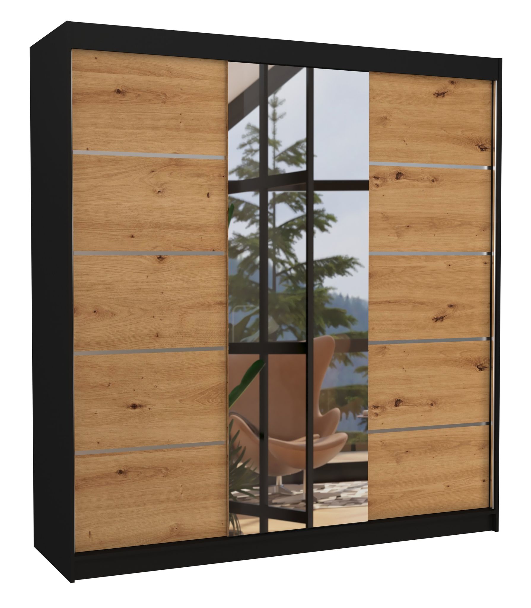 Les Tendances - Armoire Chambre Adulte 2 Portes Coulissantes Bois Noir Et Bois Artisan Avec Miroir Baker 200cm