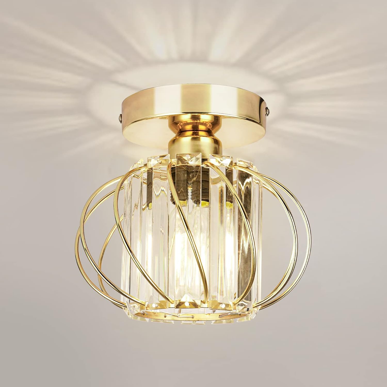 Stoex – Lustre Plafonnier En Cristal Doré E27 – Abat-jour Métal 19cm – Hauteur 17,5cm – Éclairage Moderne Pour Salon Et Salle À Manger