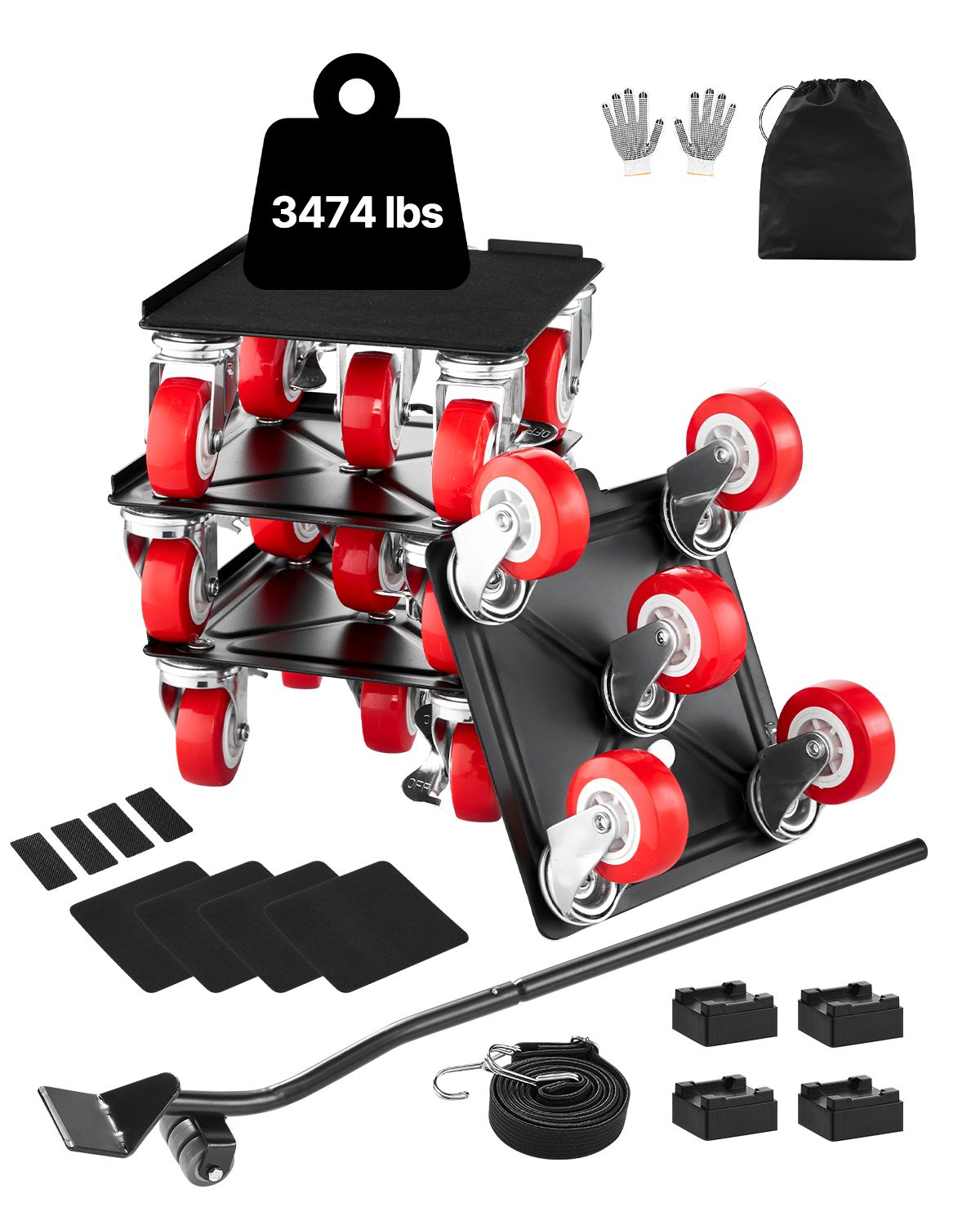 Diable de meuble en acier carbone, charge max 1575 kg, roues pivotantes 360°, lot de 4