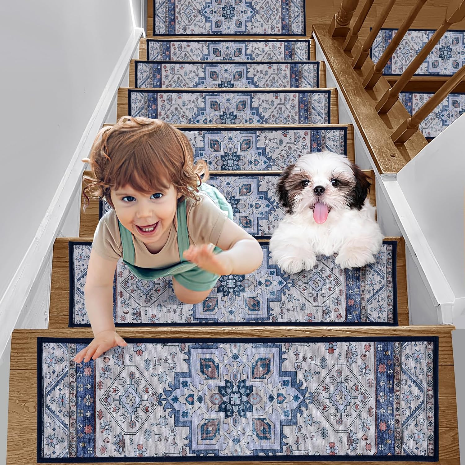 Tapis d'escalier antidérapant auto-adhésif 20 x 65 cm, fleur bleue, lot de 15
