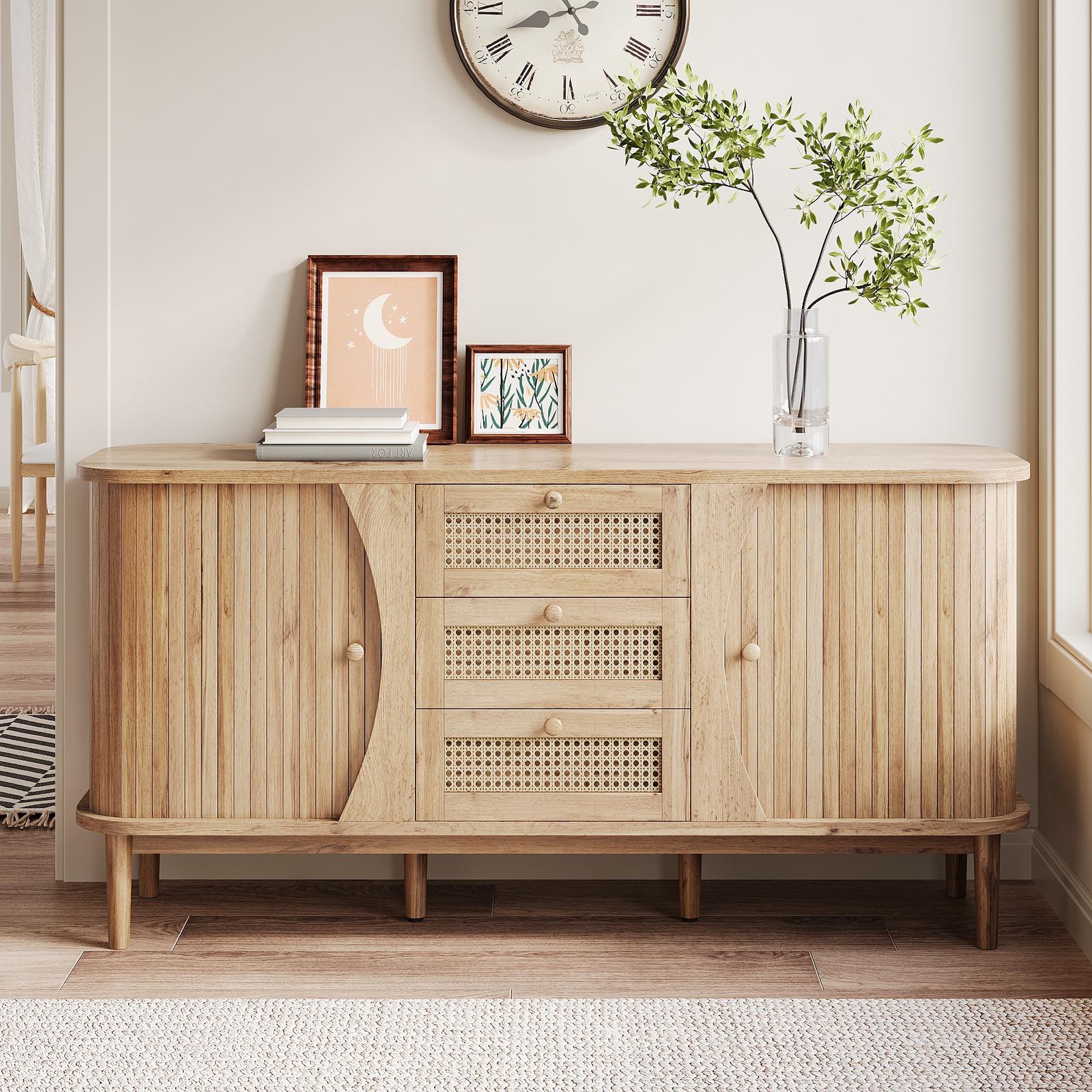 Buffet 140x40x76 Cm, 3 Tiroirs En Rotin Tressé