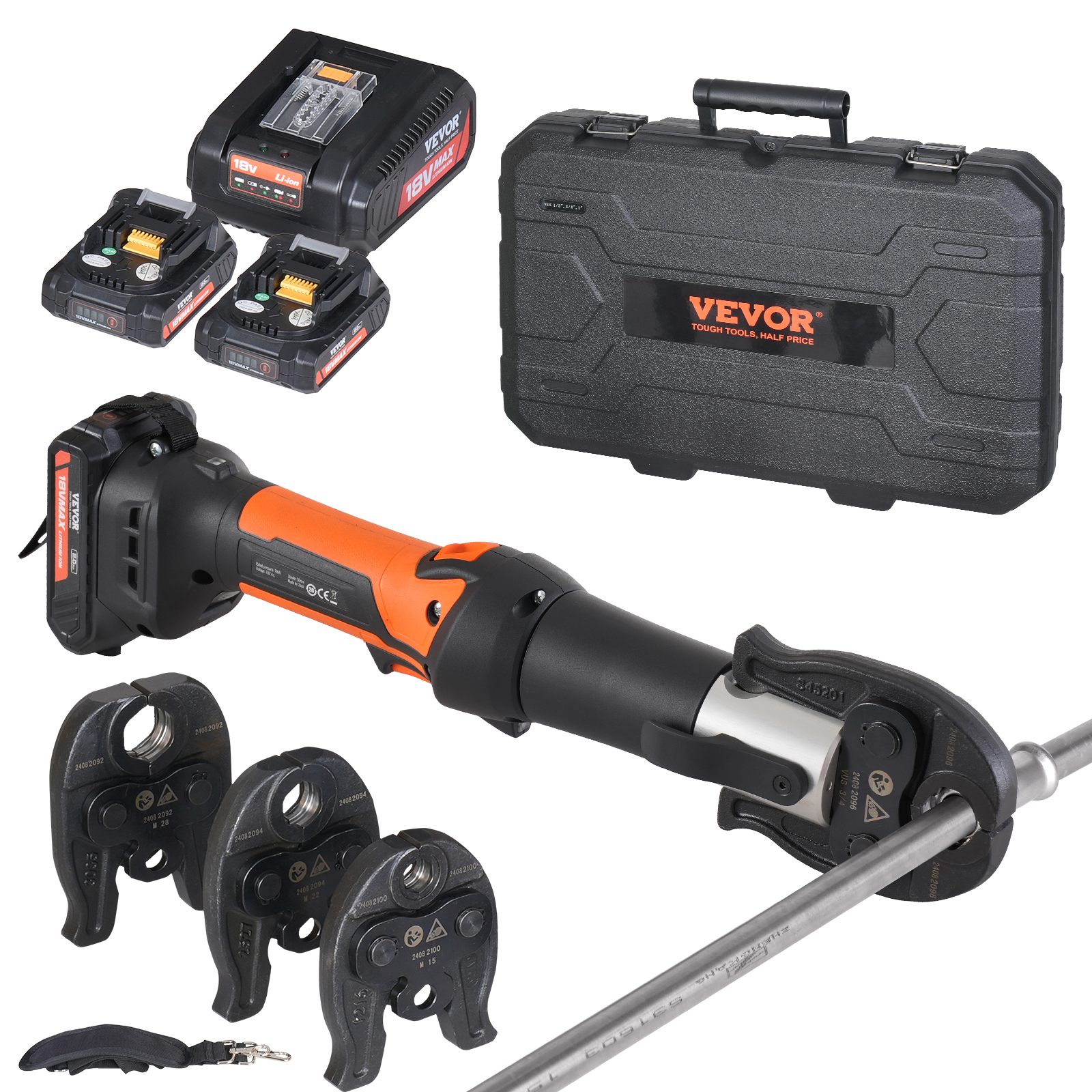 Presswerkzeug Und Akku-set, Pro Presswerkzeug, Elektrisches Rohrcrimpwerkzeug Mit V15-, V22-, V28-backen, Presswerkzeug-set Mit 2 Stück 18-v-2,0-ah-akkus, Schnellladegerät Und Tragetasche - Vevor