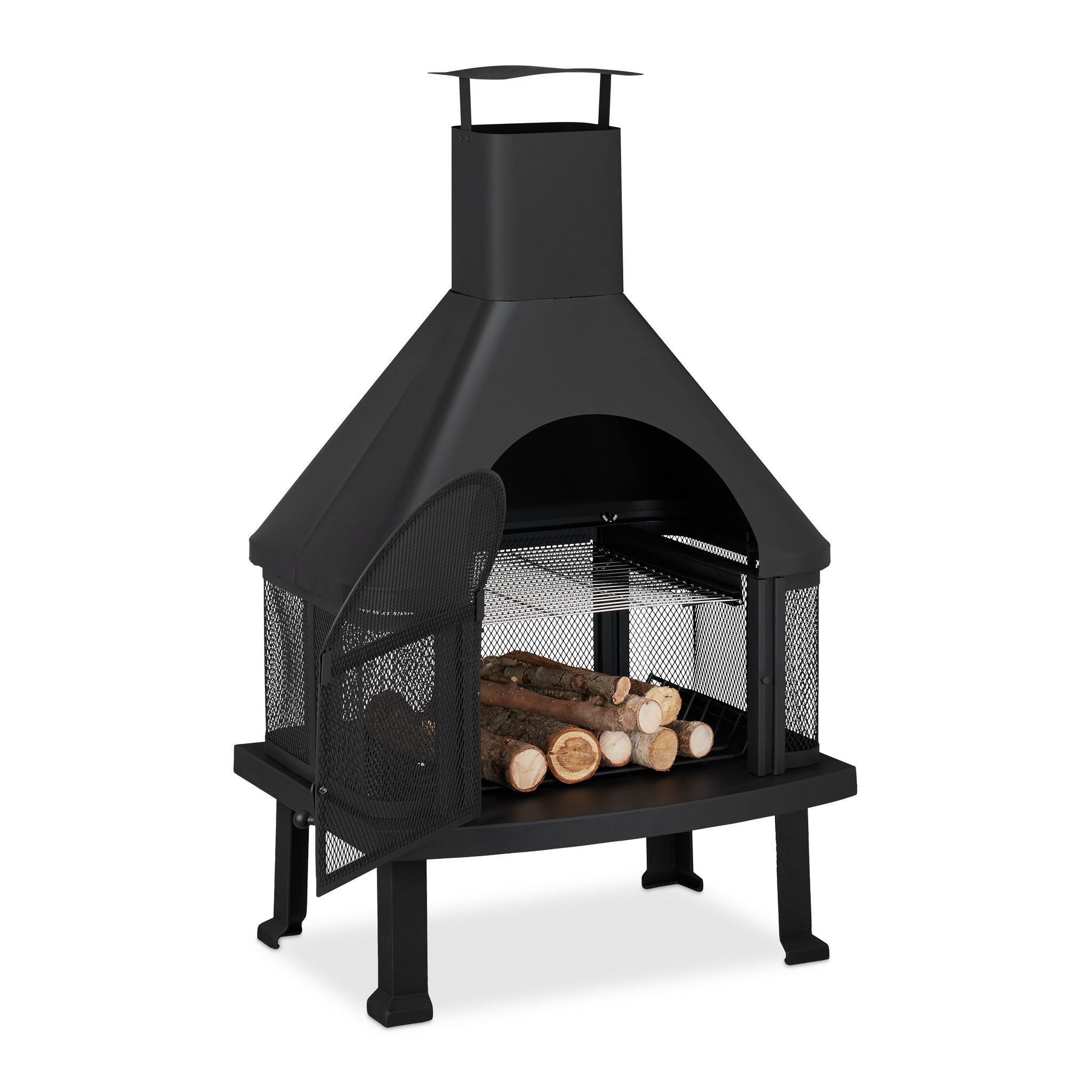 Forno Da Terrazzo Con Grill, Braciere Con Parascintille, Attizzatoio, Massiccio, Acciaio, 110x63x51 Cm, Nero - Relaxdays