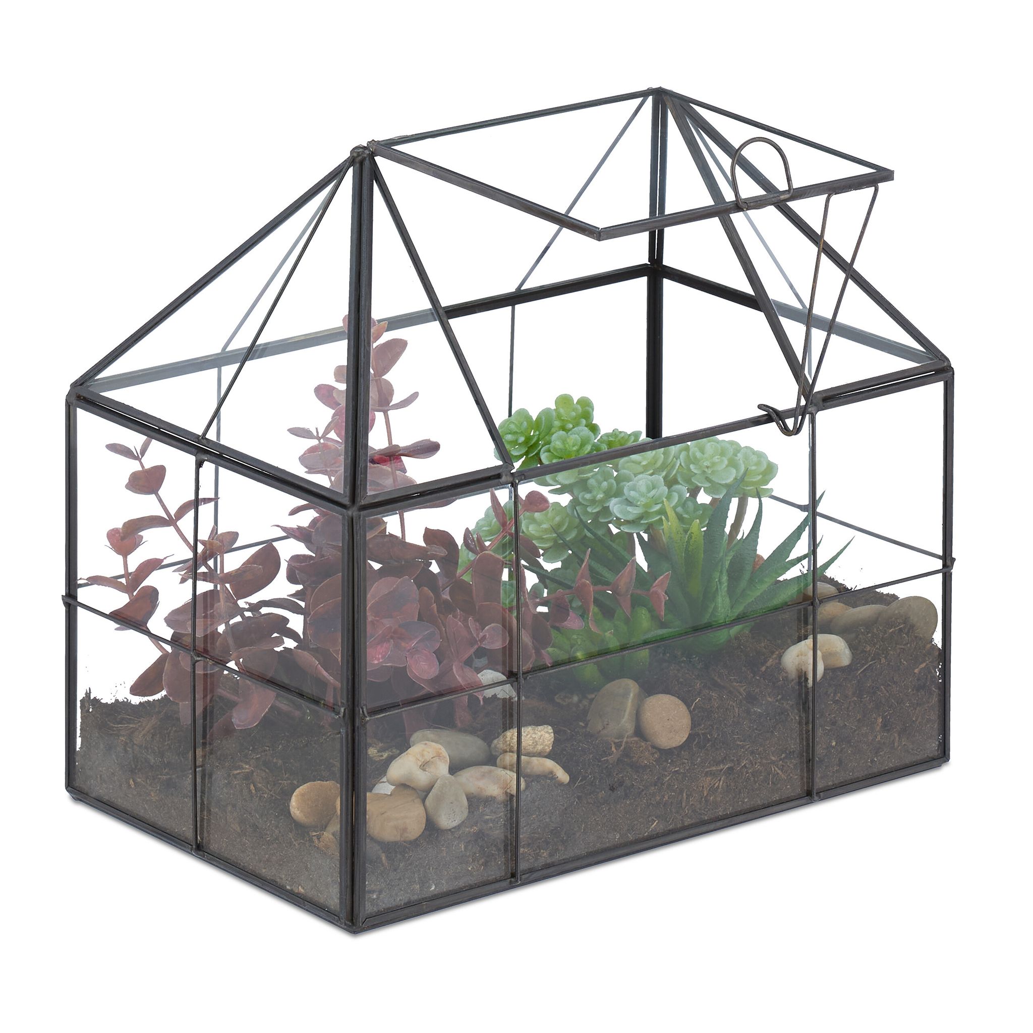 Relaxdays - Terrarium, Glass & Copper, House Shape, 21x23x14 Cm, Succulents & Air Plants, Mini Greenhouse, Decor, Black