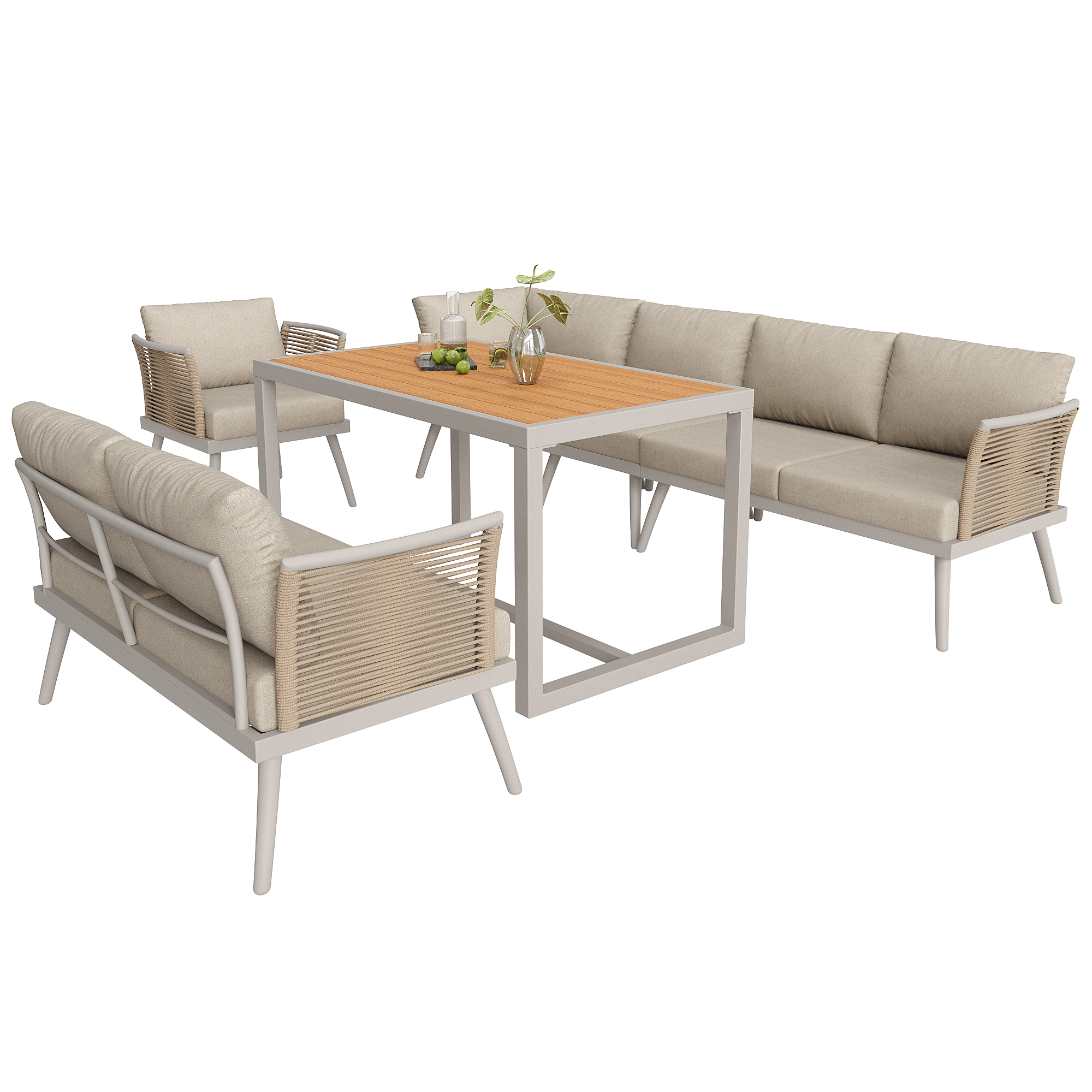 Stilvora 7-sitzer Gartenmöbel Aus Eisen Mit Tisch, 2 Sofas, 2 Sesseln Und Festen Dicken Kissen, Beige