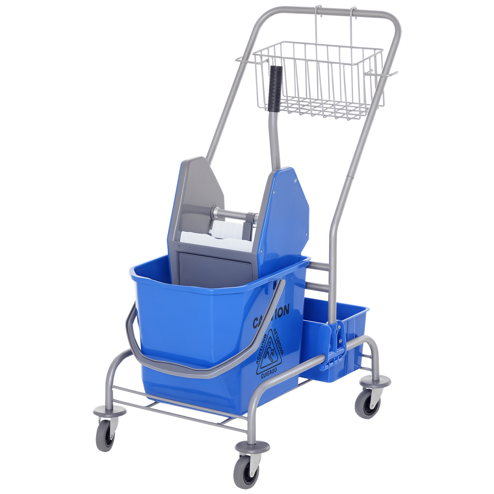 Chariot de ménage professionnel avec essoreuse, seau 25 L et panier de rangement, bleu