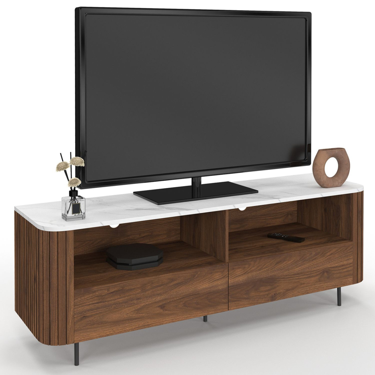Idmarket – Meuble Tv 140 Cm – Noyer Effet Lattes – 2 Tiroirs – Plateau Marbre Blanc – Pieds Métal Noir 10 Cm