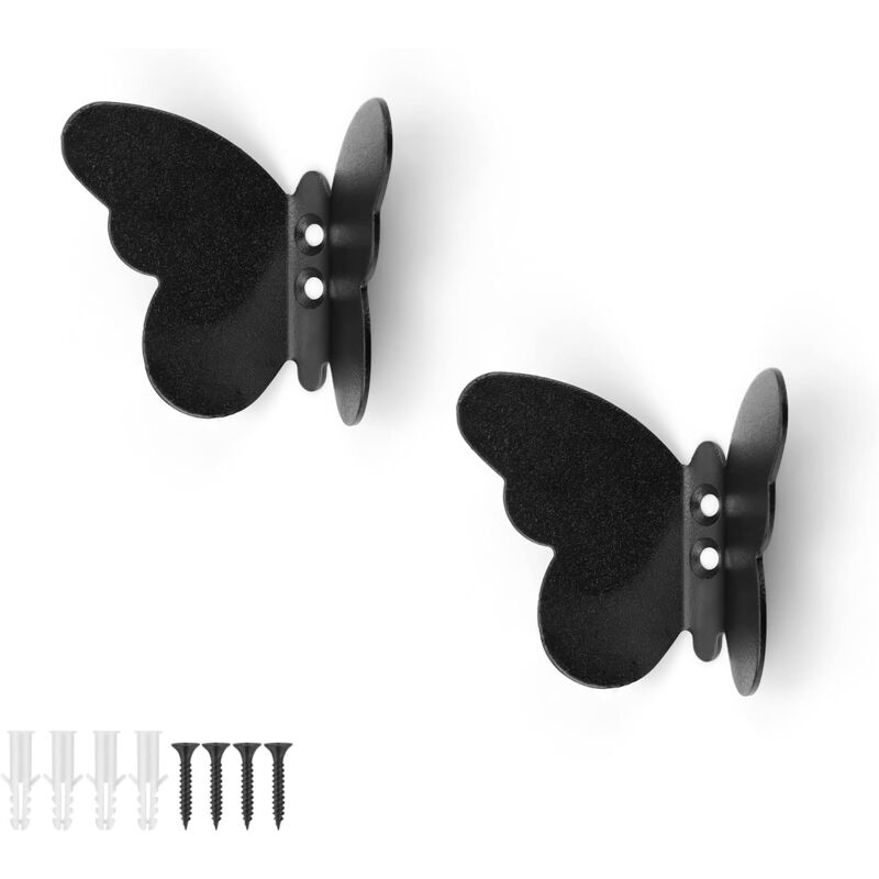 Crochet mural papillon en métal noir, forme originale, lot de 2